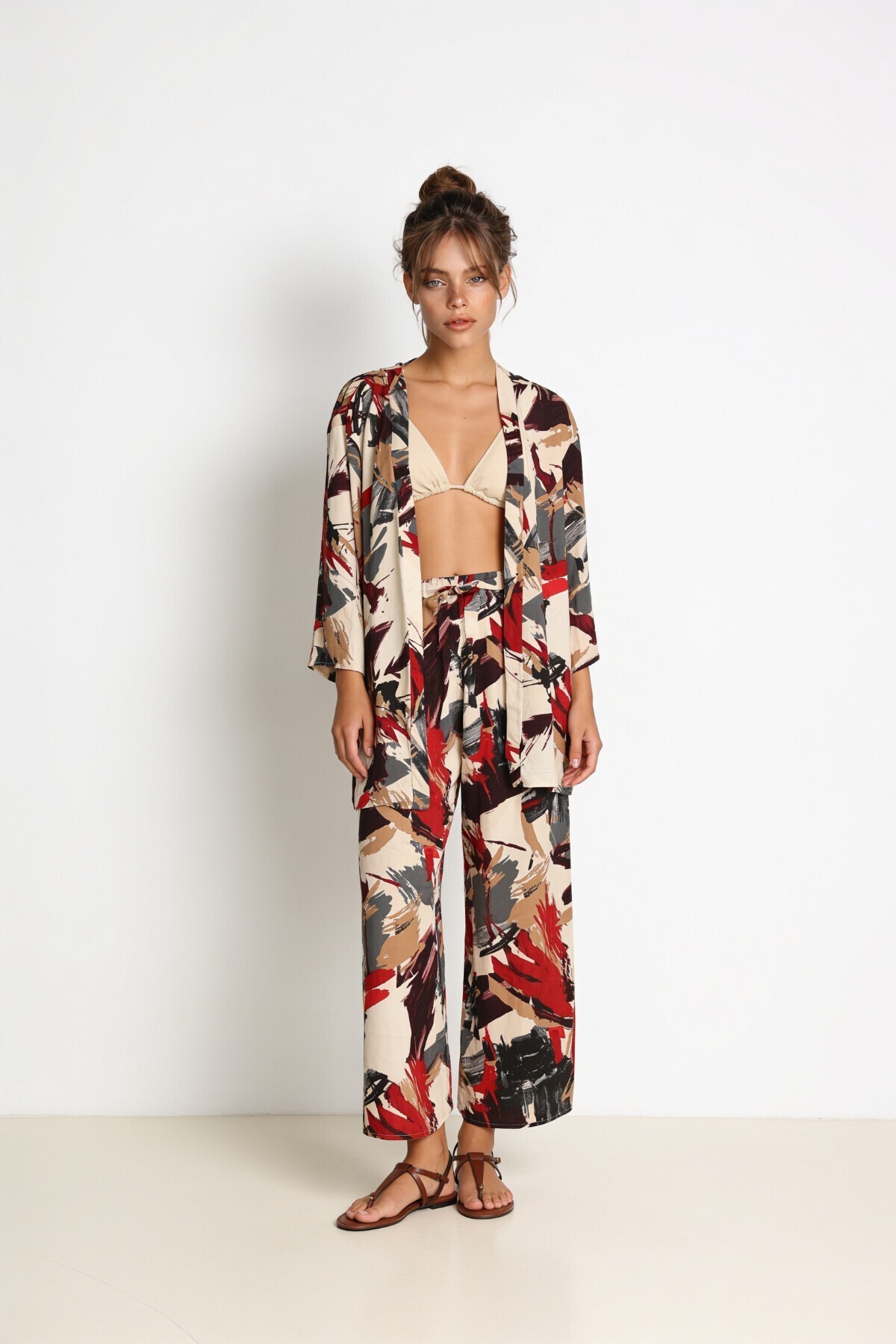 Desenli Yazlık Viskon Kimono Pantolon Takım ANTRASİT KIRMIZI LRN0013