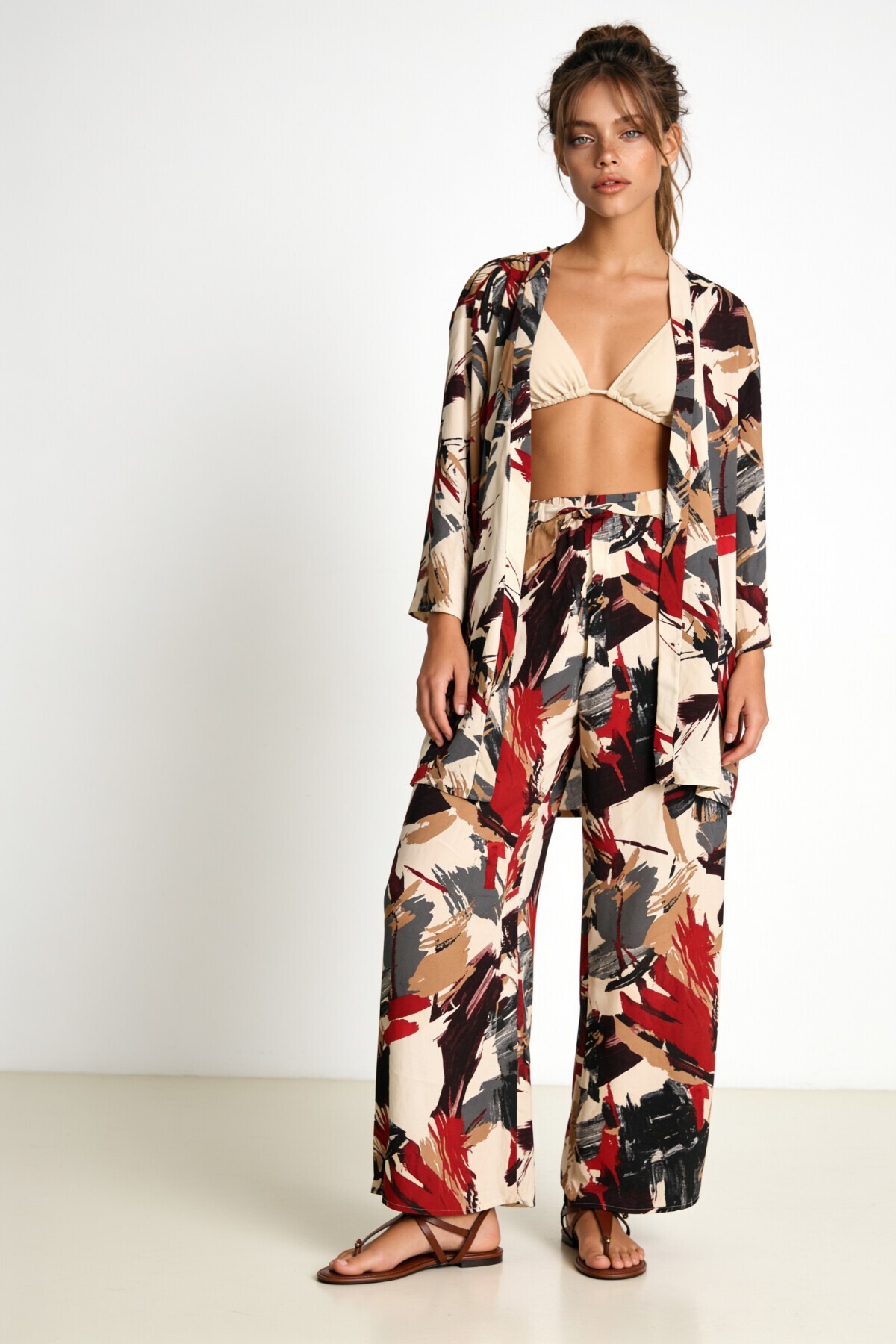 Desenli Yazlık Viskon Kimono Pantolon Takım ANTRASİT KIRMIZI LRN0013