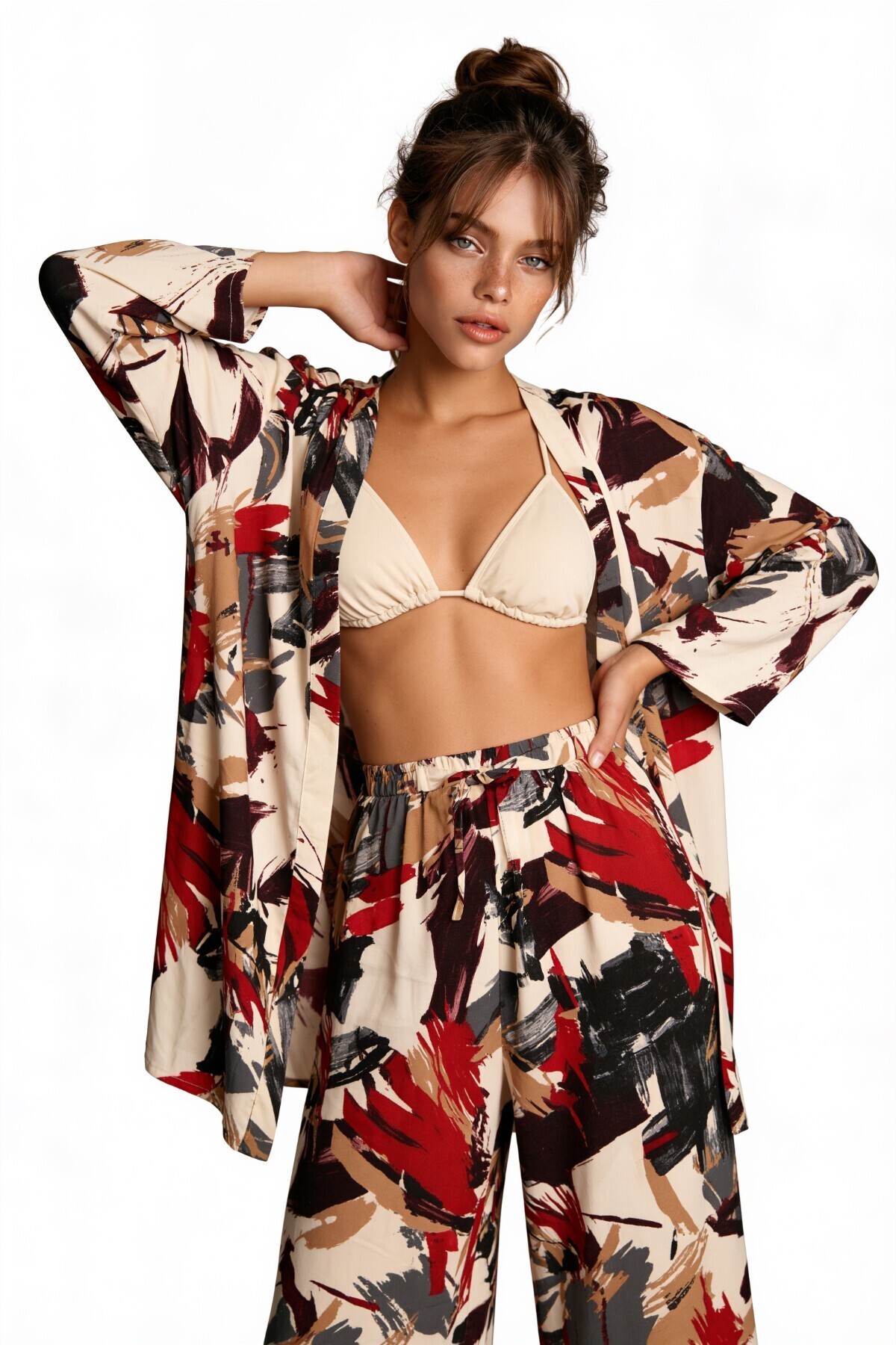 Desenli Yazlık Viskon Kimono Pantolon Takım ANTRASİT KIRMIZI LRN0013