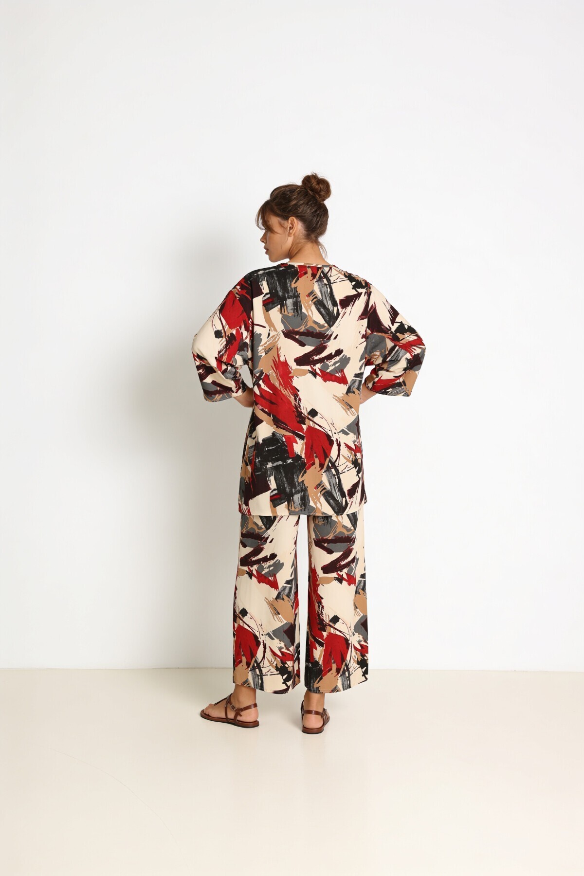 Desenli Yazlık Viskon Kimono Pantolon Takım ANTRASİT KIRMIZI LRN0013