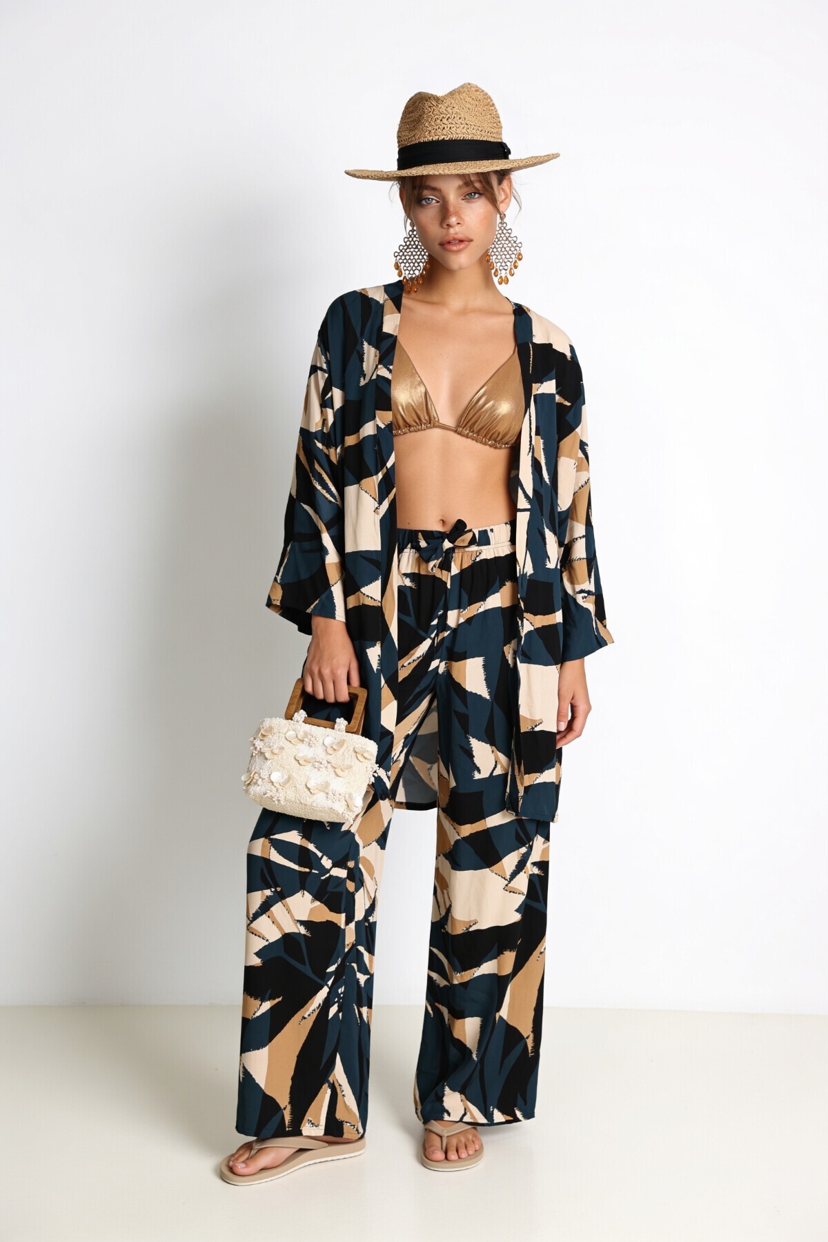 Desenli Yazlık Viskon Kimono Pantolon Takım FÜME KREM LRN0013