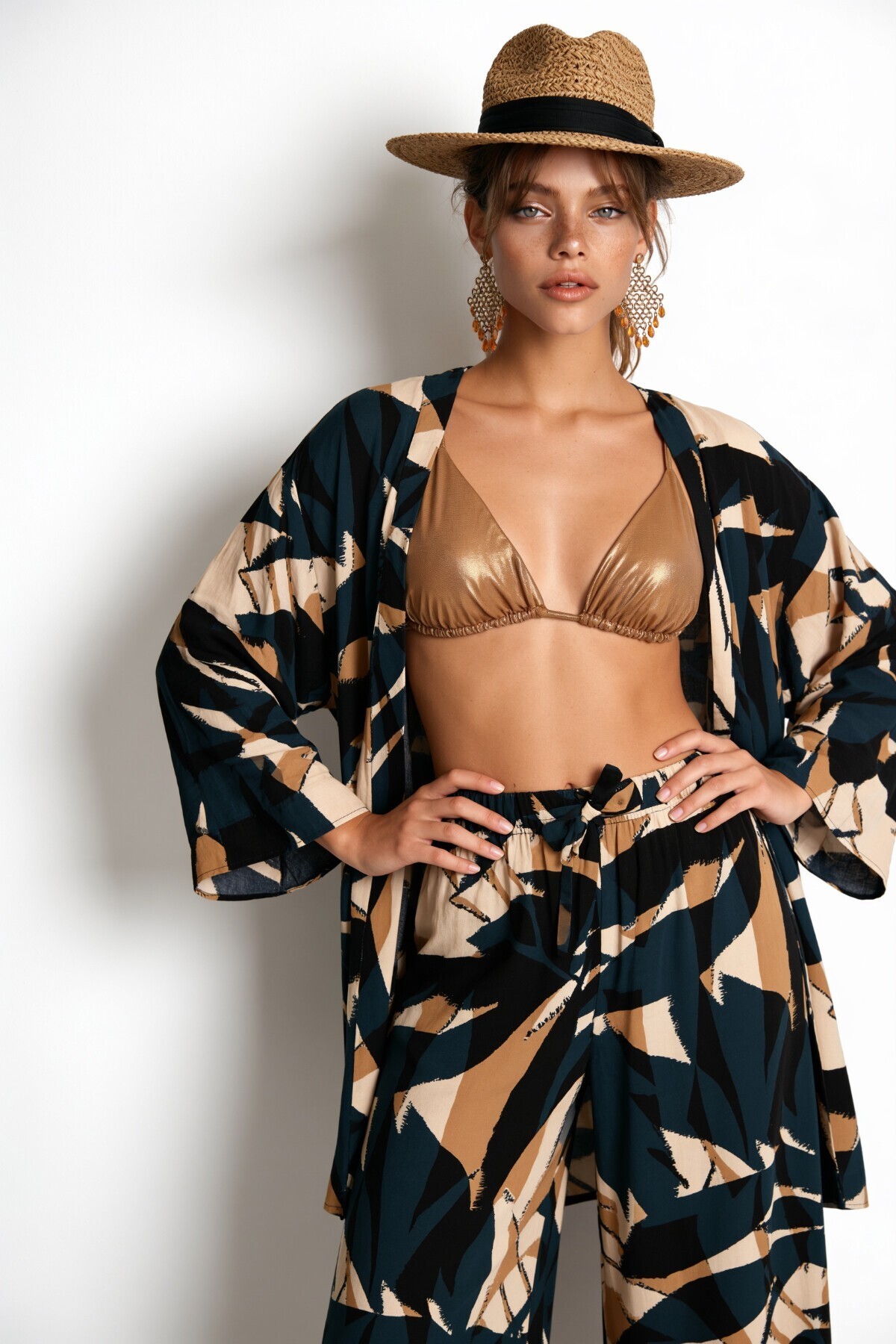 Desenli Yazlık Viskon Kimono Pantolon Takım FÜME KREM LRN0013