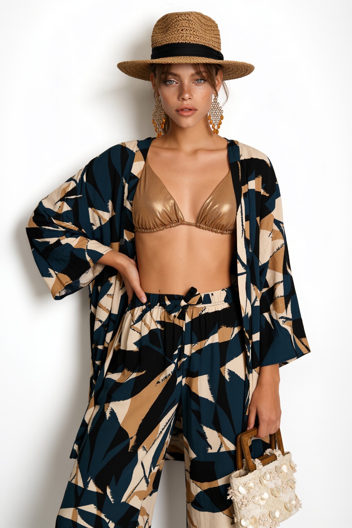 Desenli Yazlık Viskon Kimono Pantolon Takım FÜME KREM LRN0013