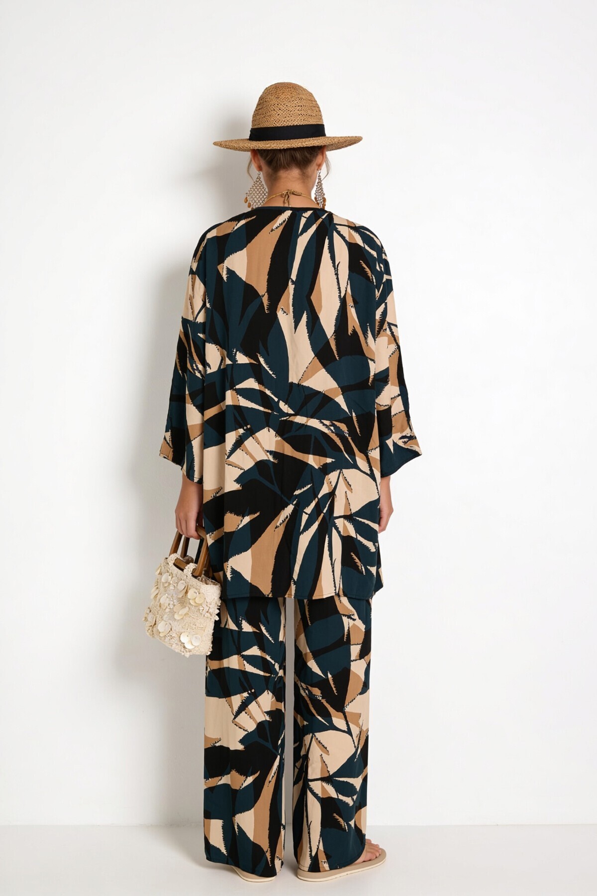 Desenli Yazlık Viskon Kimono Pantolon Takım FÜME KREM LRN0013