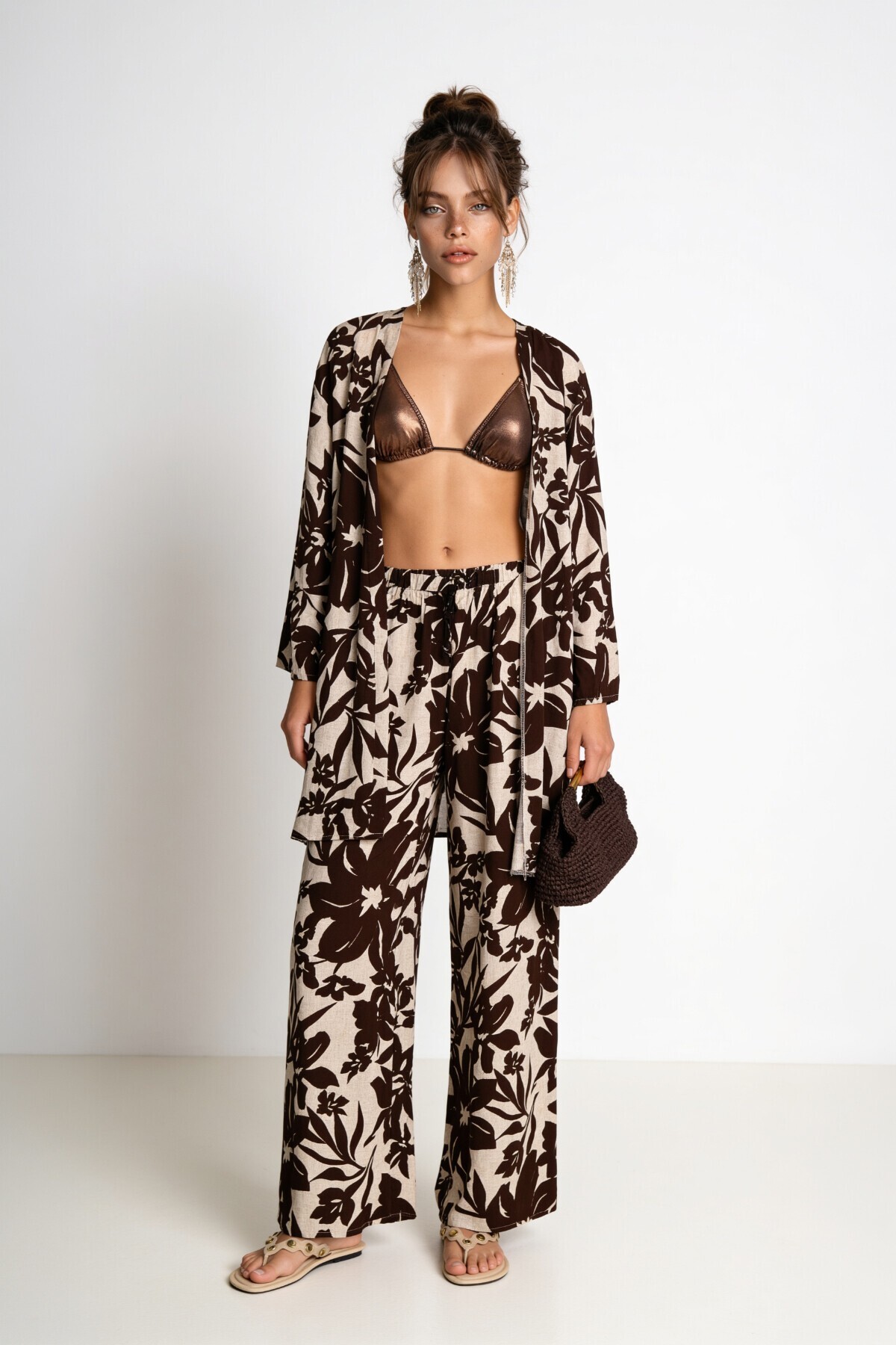 Desenli Yazlık Viskon Kimono Pantolon Takım KAHVERENGİ TAŞ LRN0013