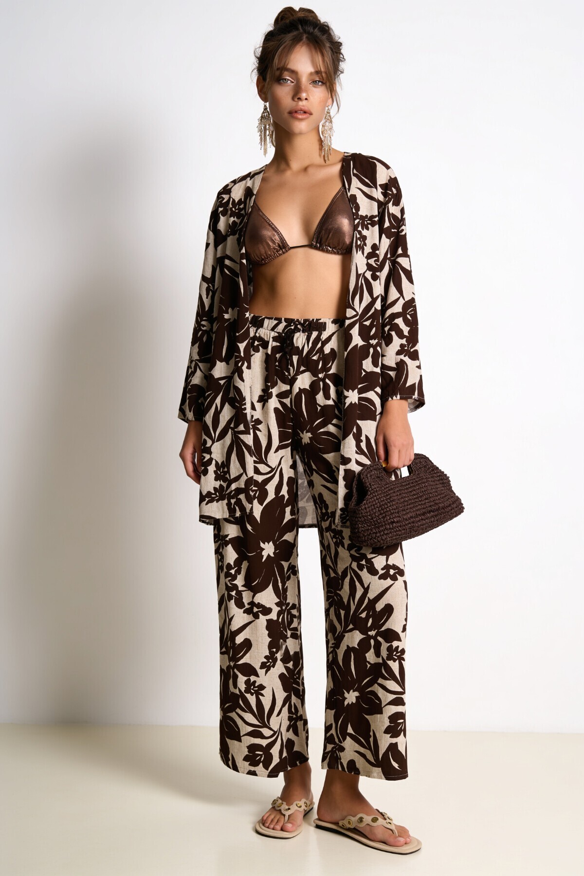 Desenli Yazlık Viskon Kimono Pantolon Takım KAHVERENGİ TAŞ LRN0013