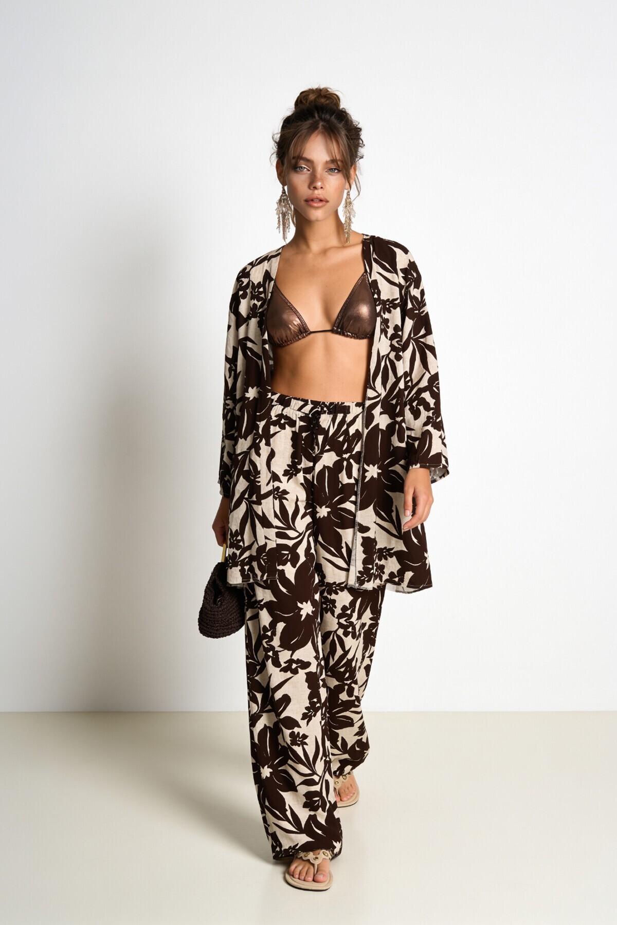 Desenli Yazlık Viskon Kimono Pantolon Takım KAHVERENGİ TAŞ LRN0013