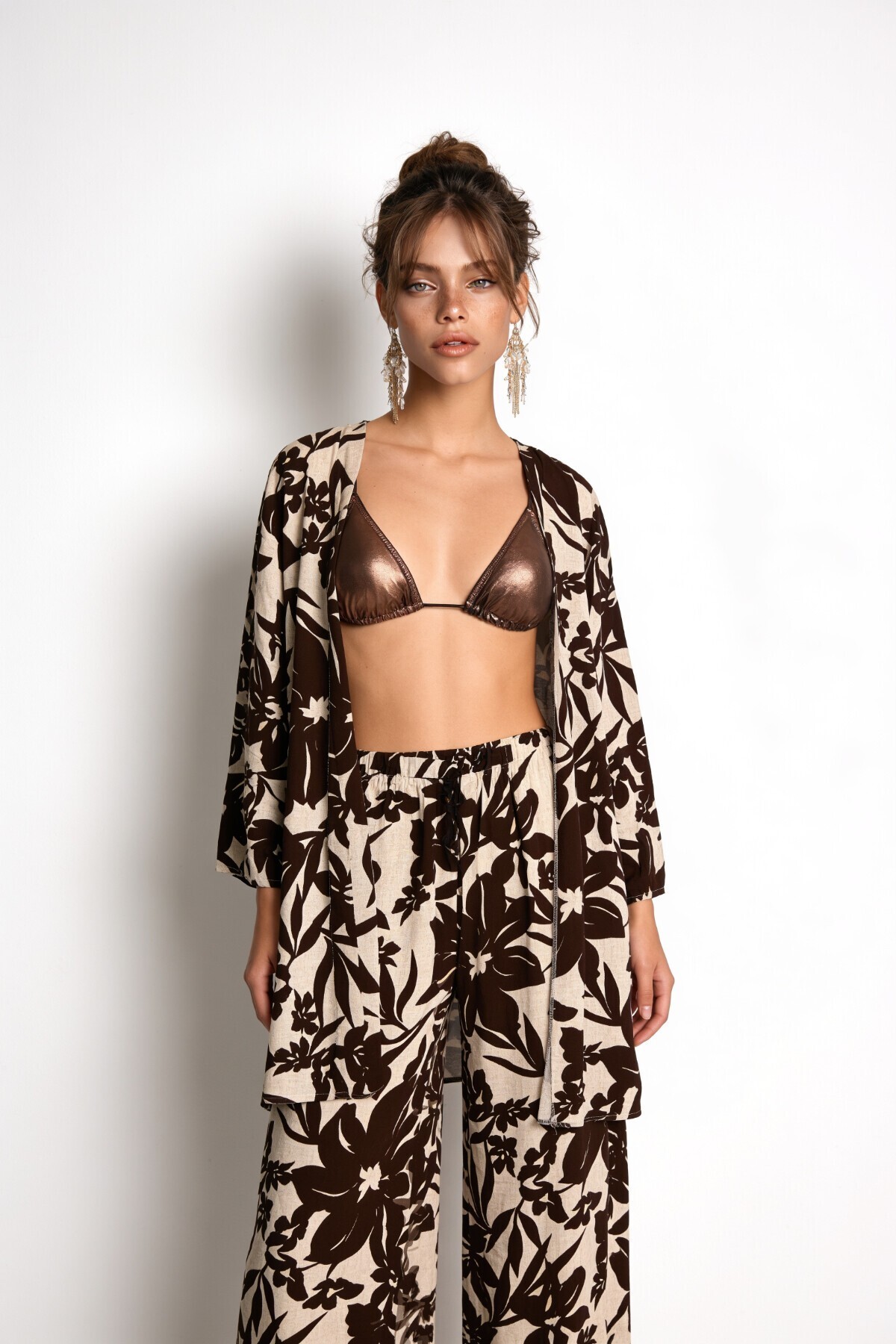 Desenli Yazlık Viskon Kimono Pantolon Takım KAHVERENGİ TAŞ LRN0013