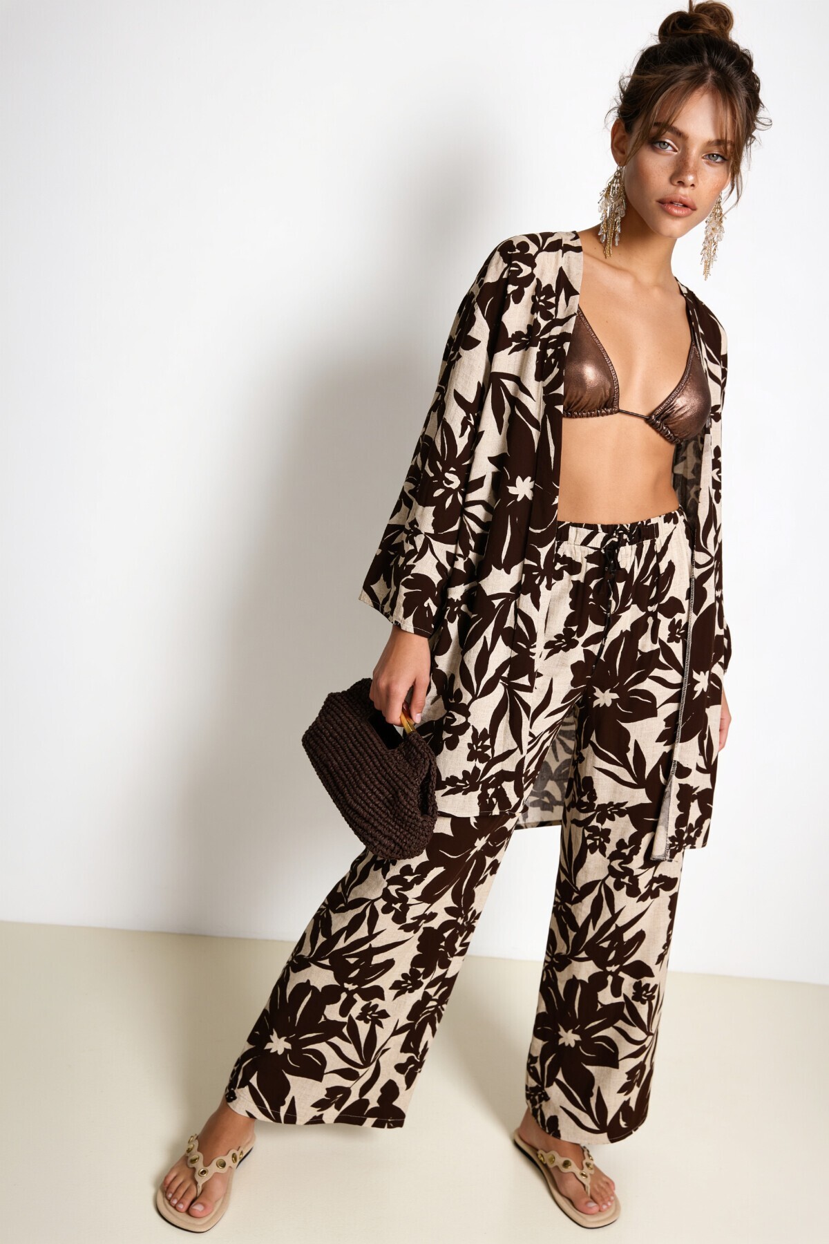 Desenli Yazlık Viskon Kimono Pantolon Takım KAHVERENGİ TAŞ LRN0013