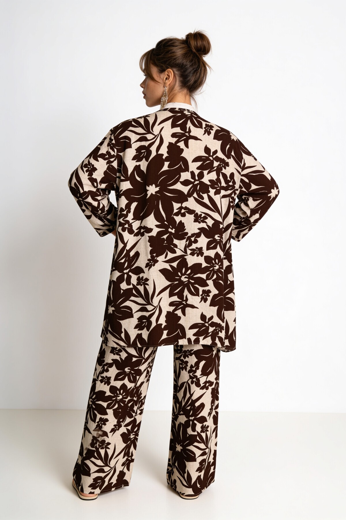 Desenli Yazlık Viskon Kimono Pantolon Takım KAHVERENGİ TAŞ LRN0013