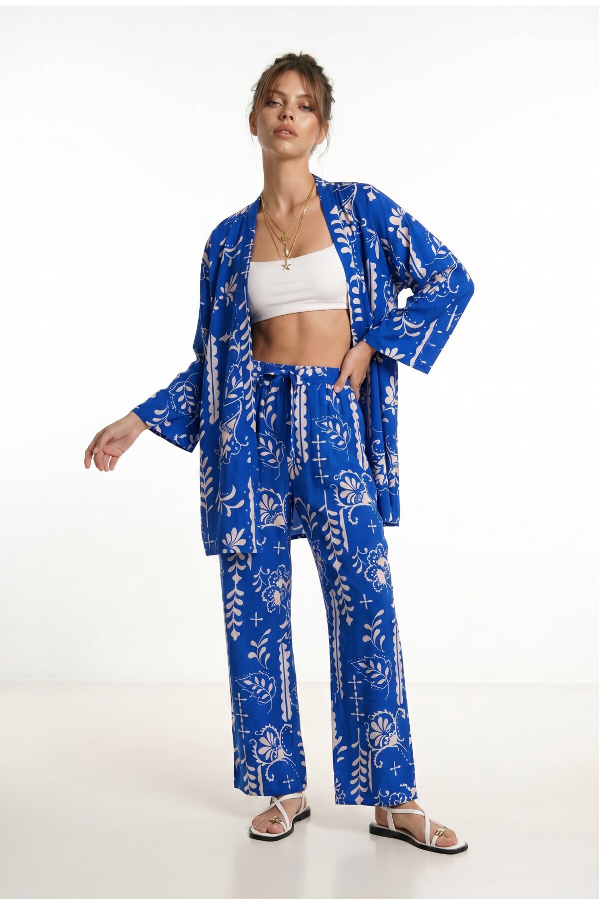 Desenli Yazlık Viskon Kimono Pantolon Takım KOYU MAVİ EKRU LRN0013