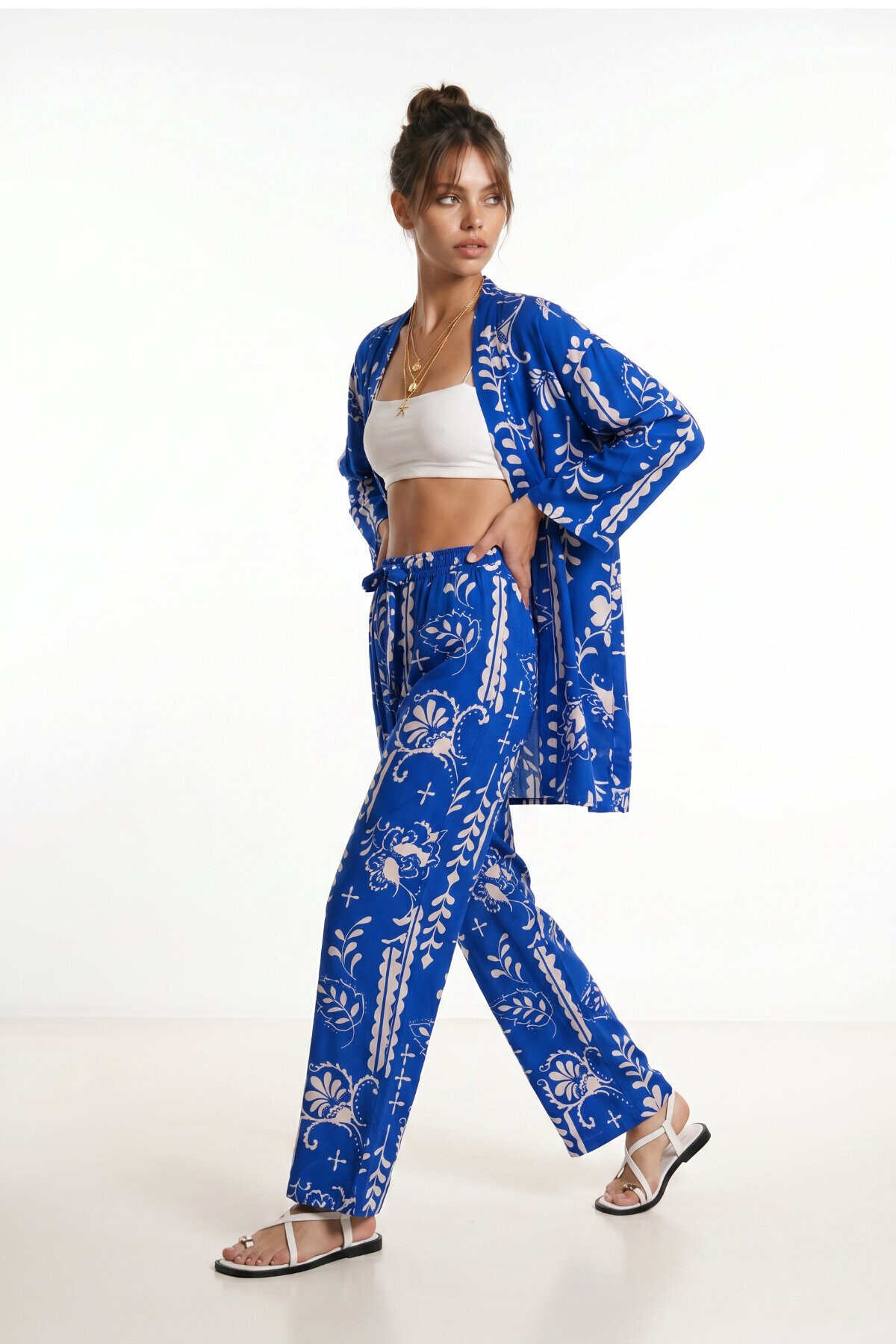 Desenli Yazlık Viskon Kimono Pantolon Takım KOYU MAVİ EKRU LRN0013