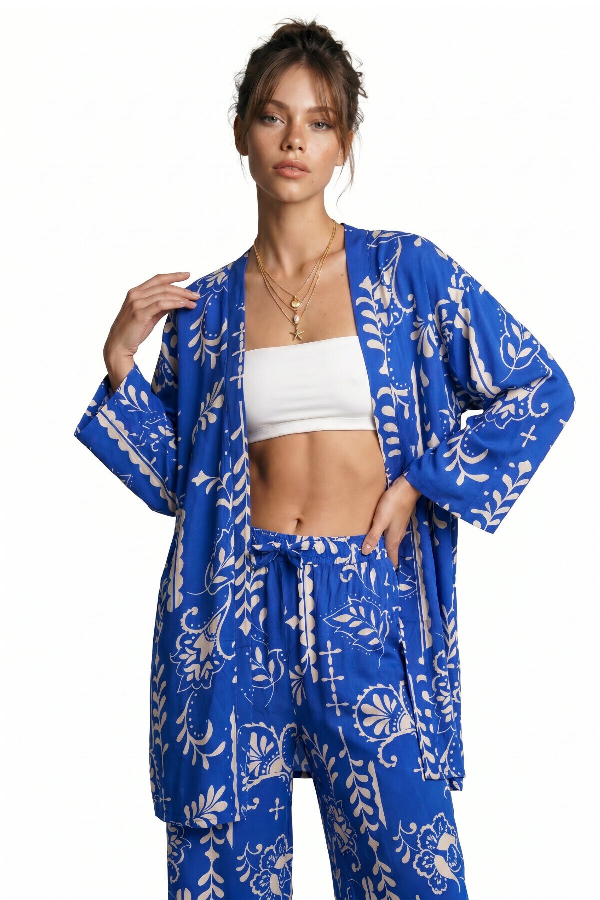 Desenli Yazlık Viskon Kimono Pantolon Takım KOYU MAVİ EKRU LRN0013