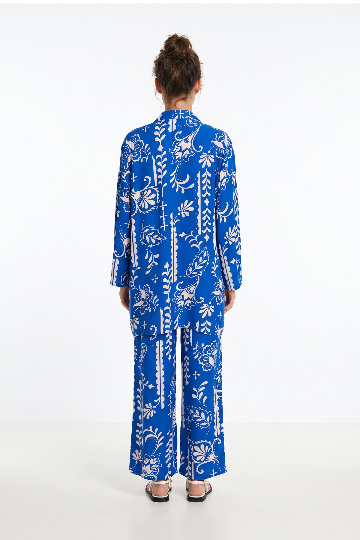 Desenli Yazlık Viskon Kimono Pantolon Takım KOYU MAVİ EKRU LRN0013