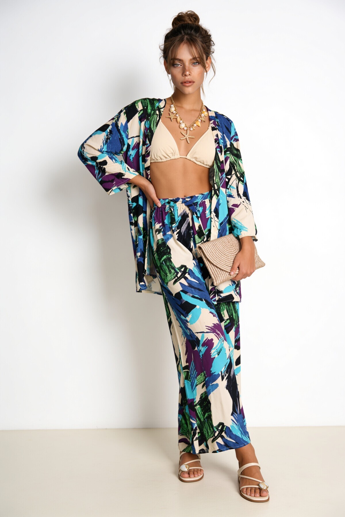 Desenli Yazlık Viskon Kimono Pantolon Takım MAVİ YEŞİL LRN0013