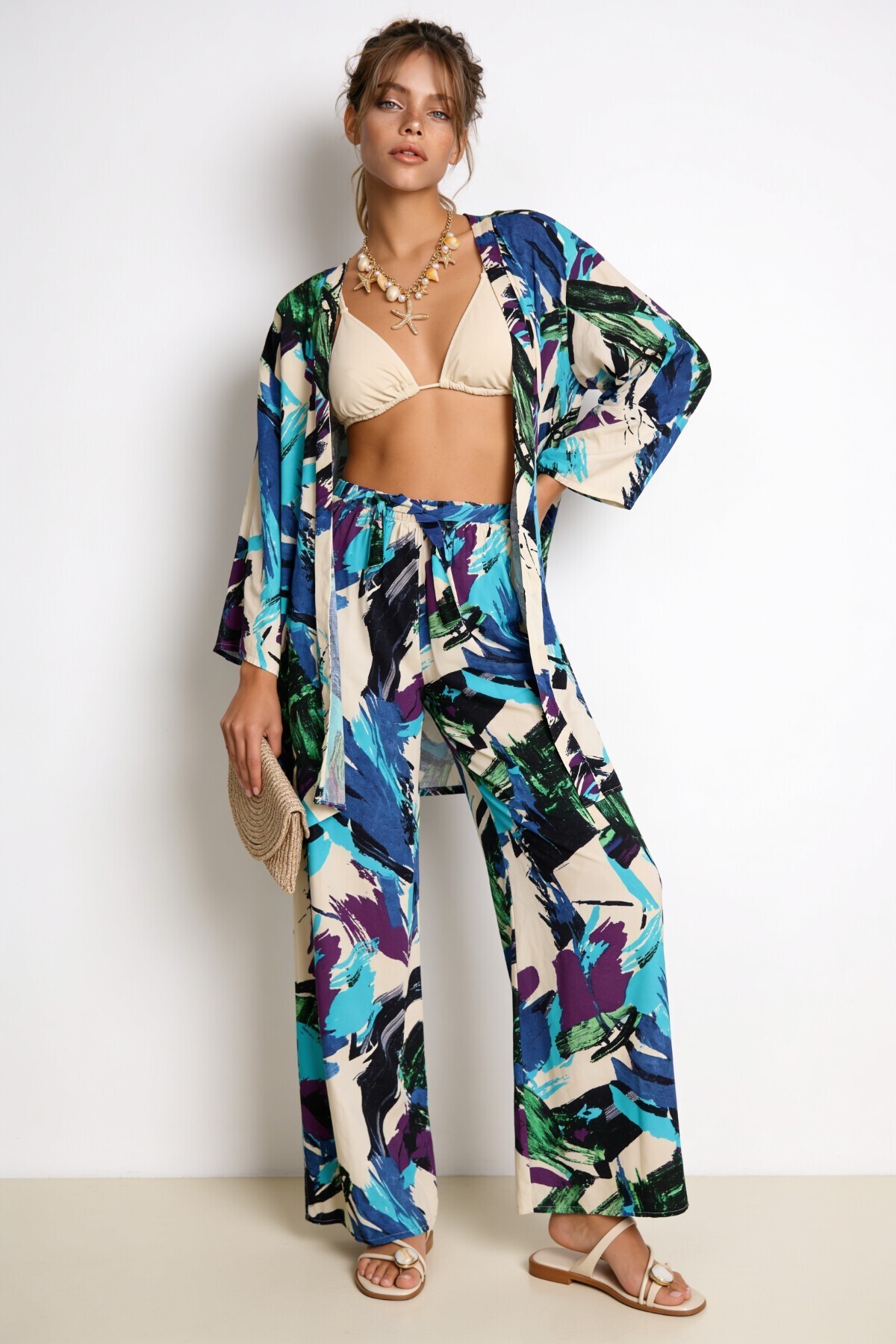 Desenli Yazlık Viskon Kimono Pantolon Takım MAVİ YEŞİL LRN0013