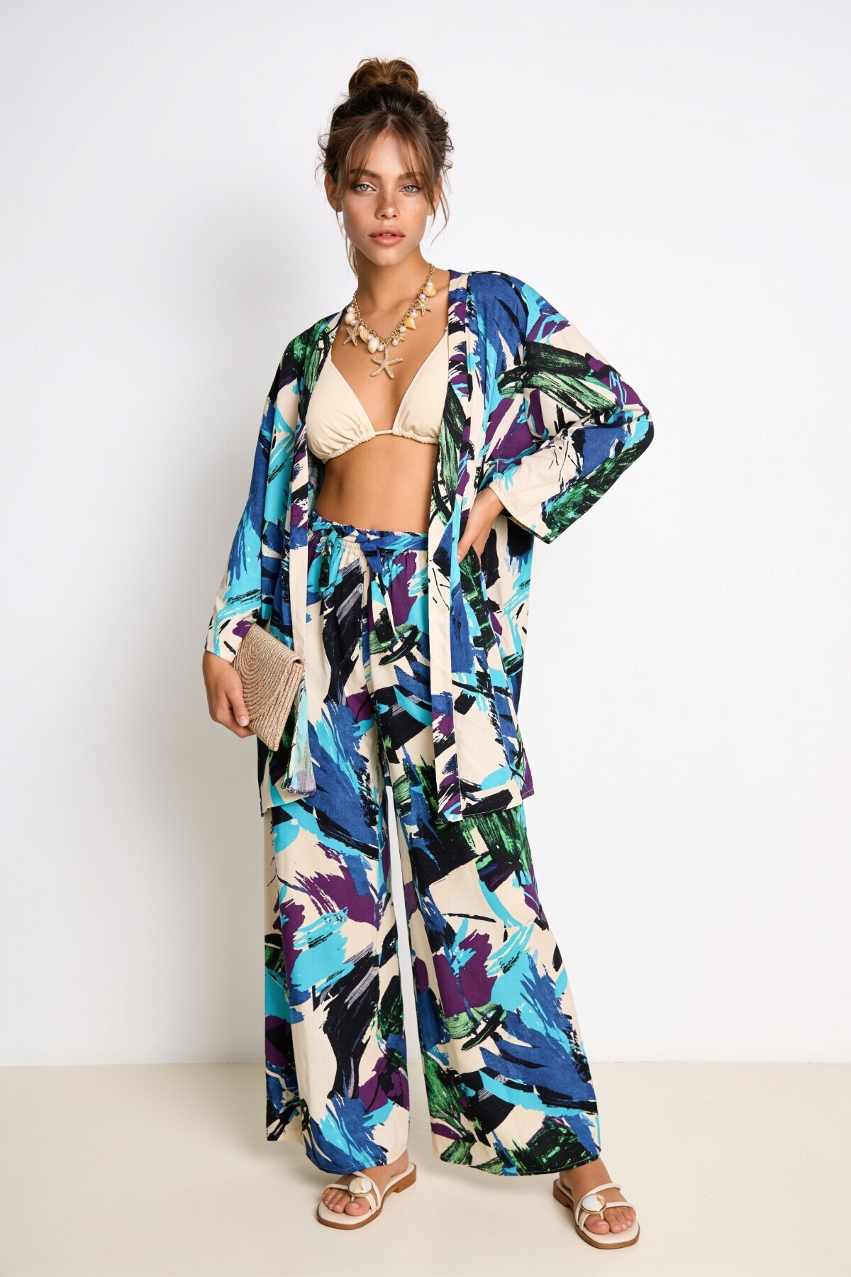 Desenli Yazlık Viskon Kimono Pantolon Takım MAVİ YEŞİL LRN0013