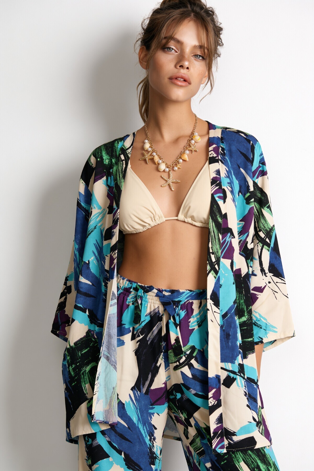 Desenli Yazlık Viskon Kimono Pantolon Takım MAVİ YEŞİL LRN0013