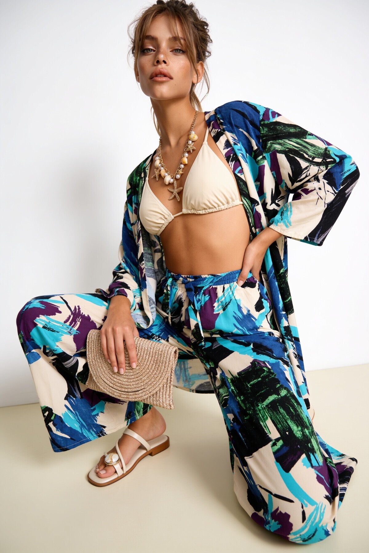 Desenli Yazlık Viskon Kimono Pantolon Takım MAVİ YEŞİL LRN0013