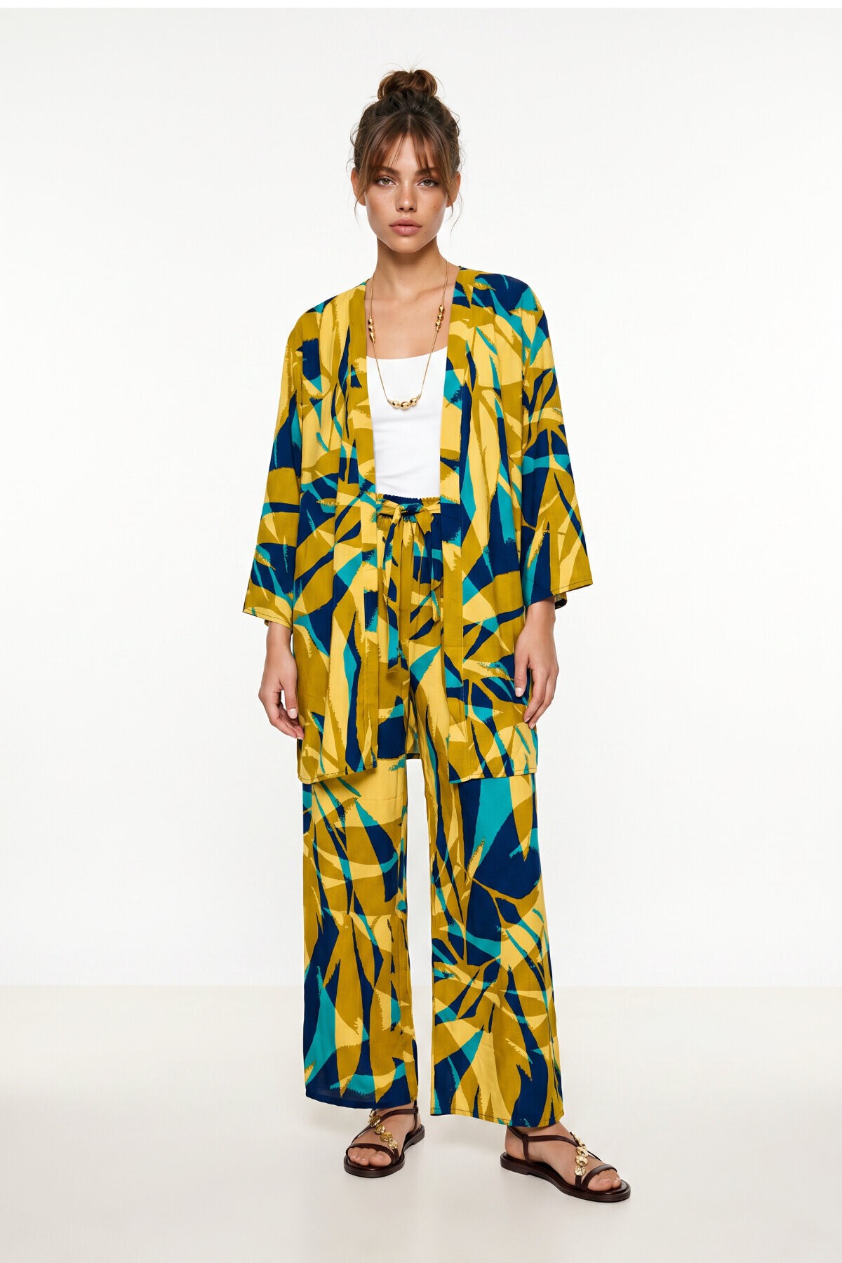 Desenli Yazlık Viskon Kimono Pantolon Takım ZEYTİN YEŞİLİ LACİVERT LRN0013