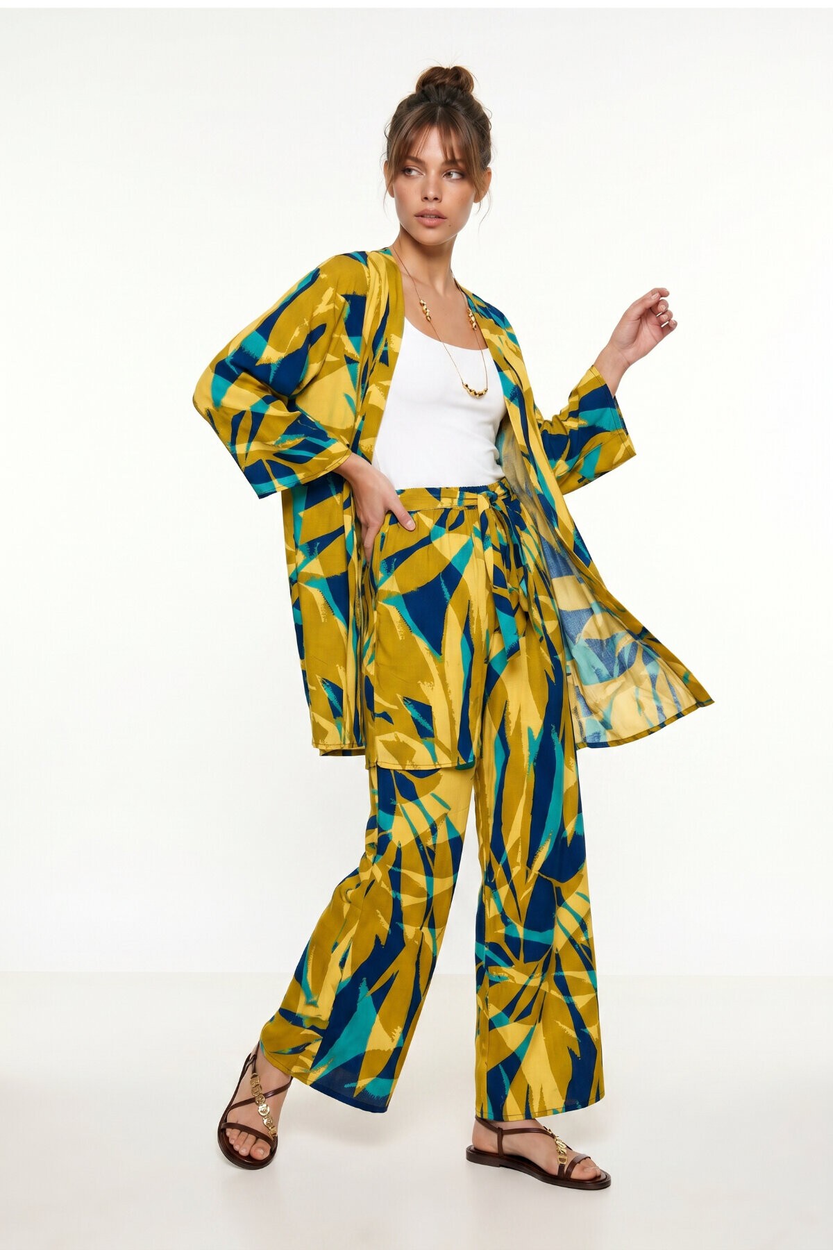 Desenli Yazlık Viskon Kimono Pantolon Takım ZEYTİN YEŞİLİ LACİVERT LRN0013