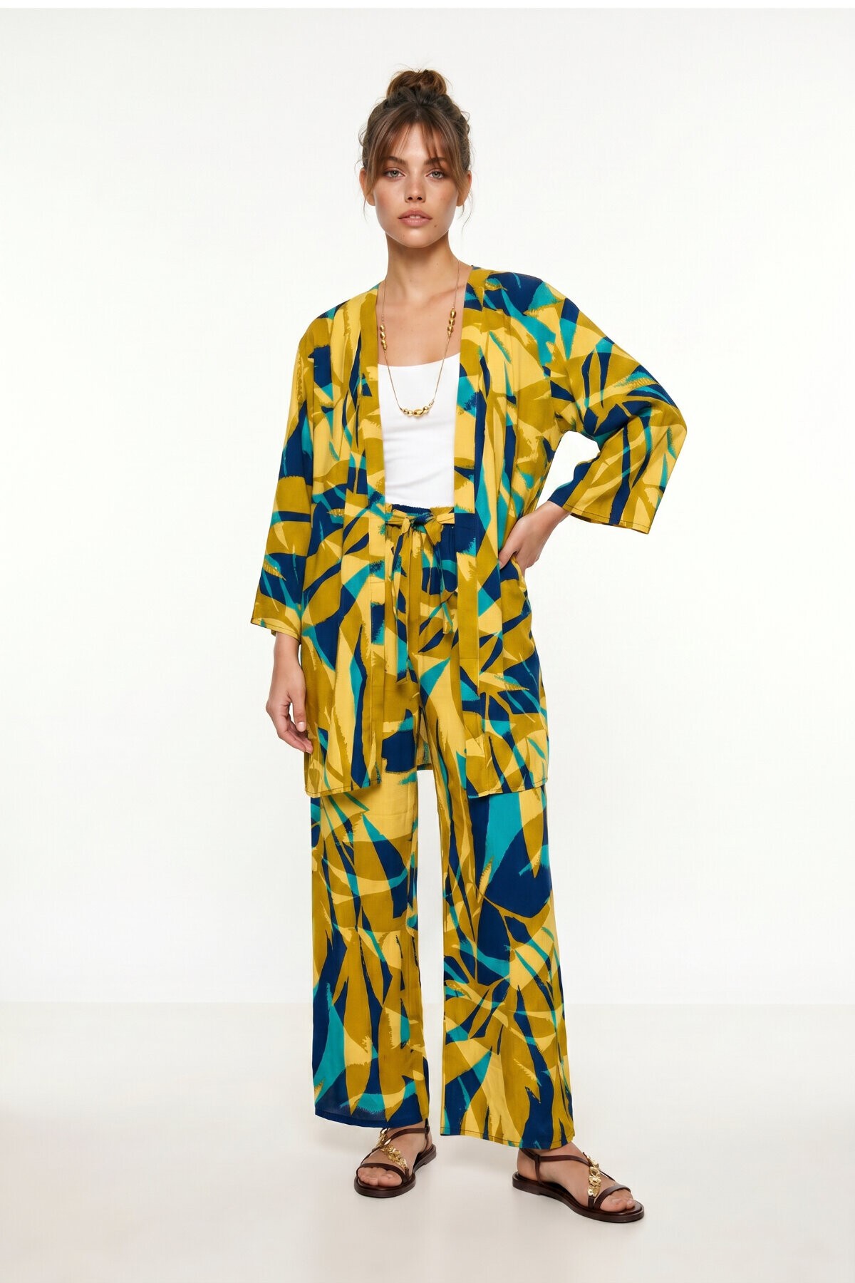 Desenli Yazlık Viskon Kimono Pantolon Takım ZEYTİN YEŞİLİ LACİVERT LRN0013