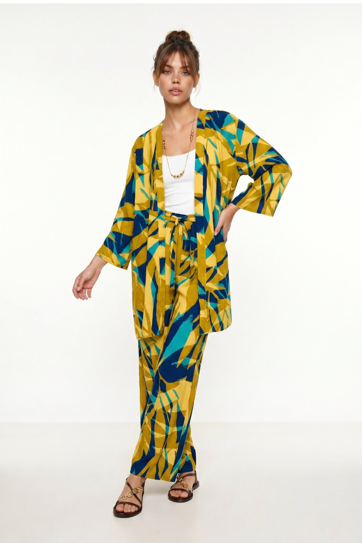 Desenli Yazlık Viskon Kimono Pantolon Takım ZEYTİN YEŞİLİ LACİVERT LRN0013