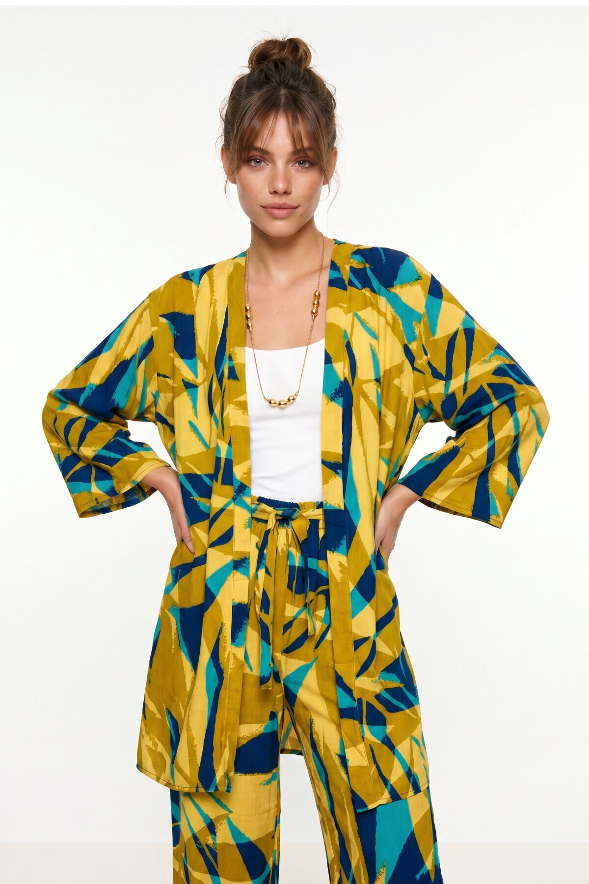 Desenli Yazlık Viskon Kimono Pantolon Takım ZEYTİN YEŞİLİ LACİVERT LRN0013
