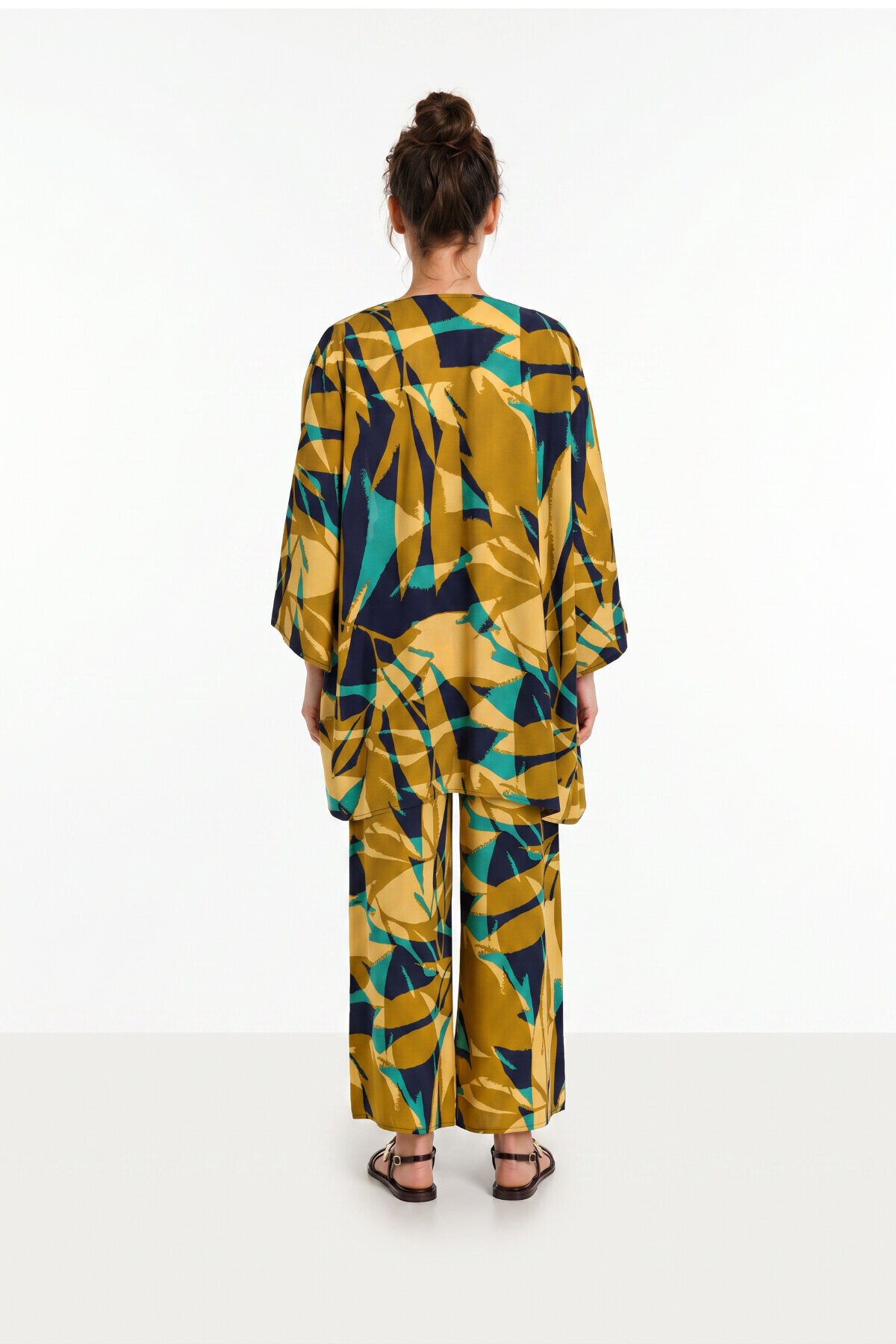 Desenli Yazlık Viskon Kimono Pantolon Takım ZEYTİN YEŞİLİ LACİVERT LRN0013