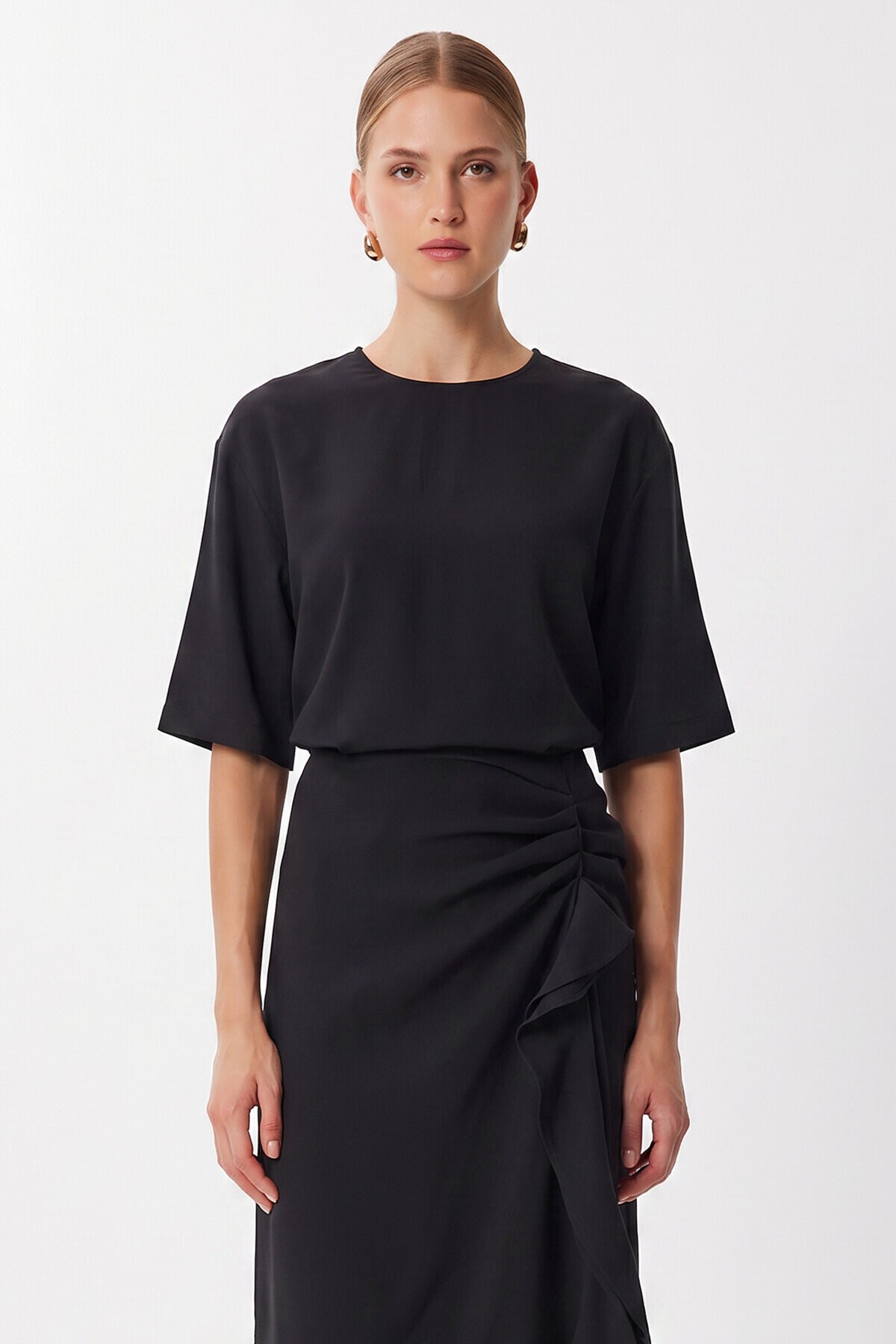 Drapeli Midi Modal Elbise SİYAH LNT0033