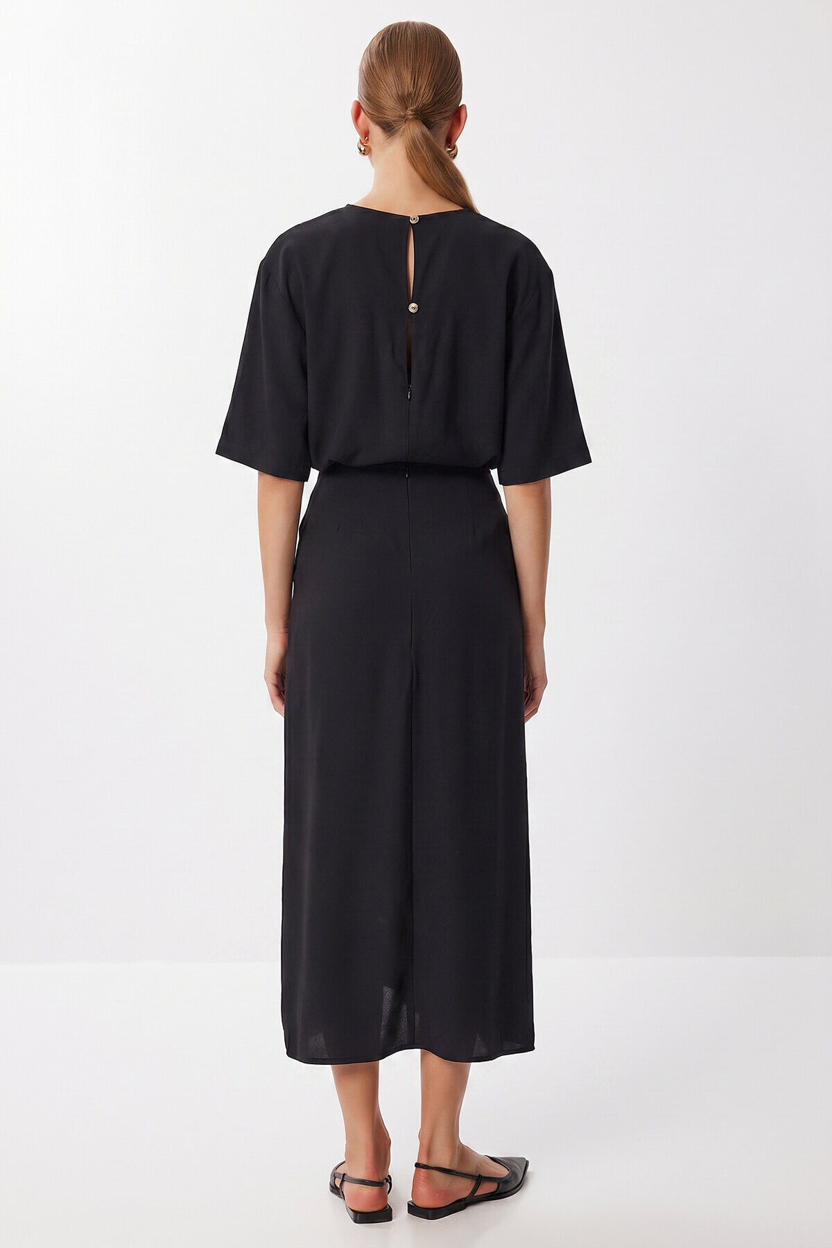 Drapeli Midi Modal Elbise SİYAH LNT0033