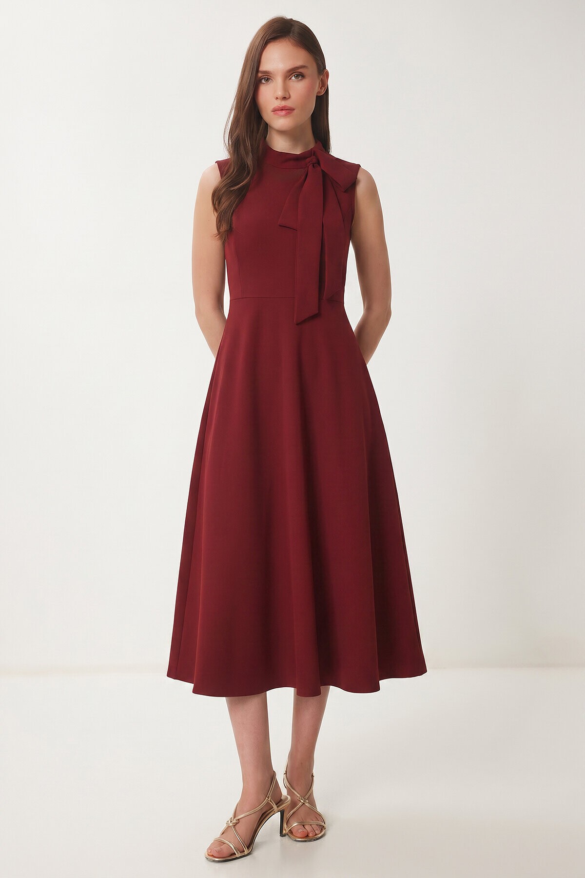 Fular Detaylı Midi Dokuma Elbise BORDO LNT0036
