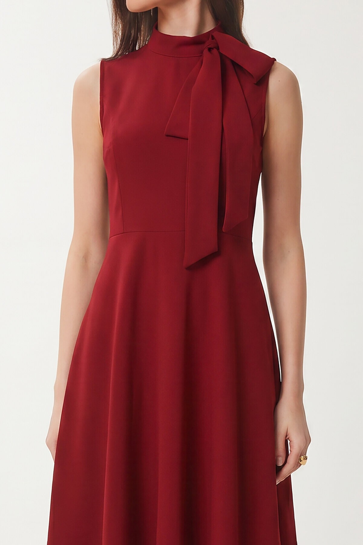 Fular Detaylı Midi Dokuma Elbise BORDO LNT0036