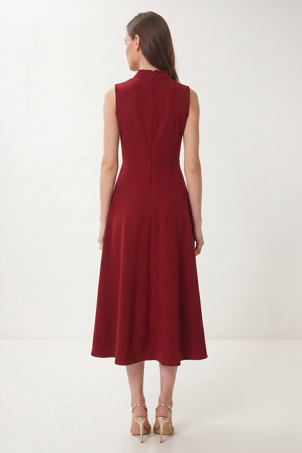 Fular Detaylı Midi Dokuma Elbise BORDO LNT0036