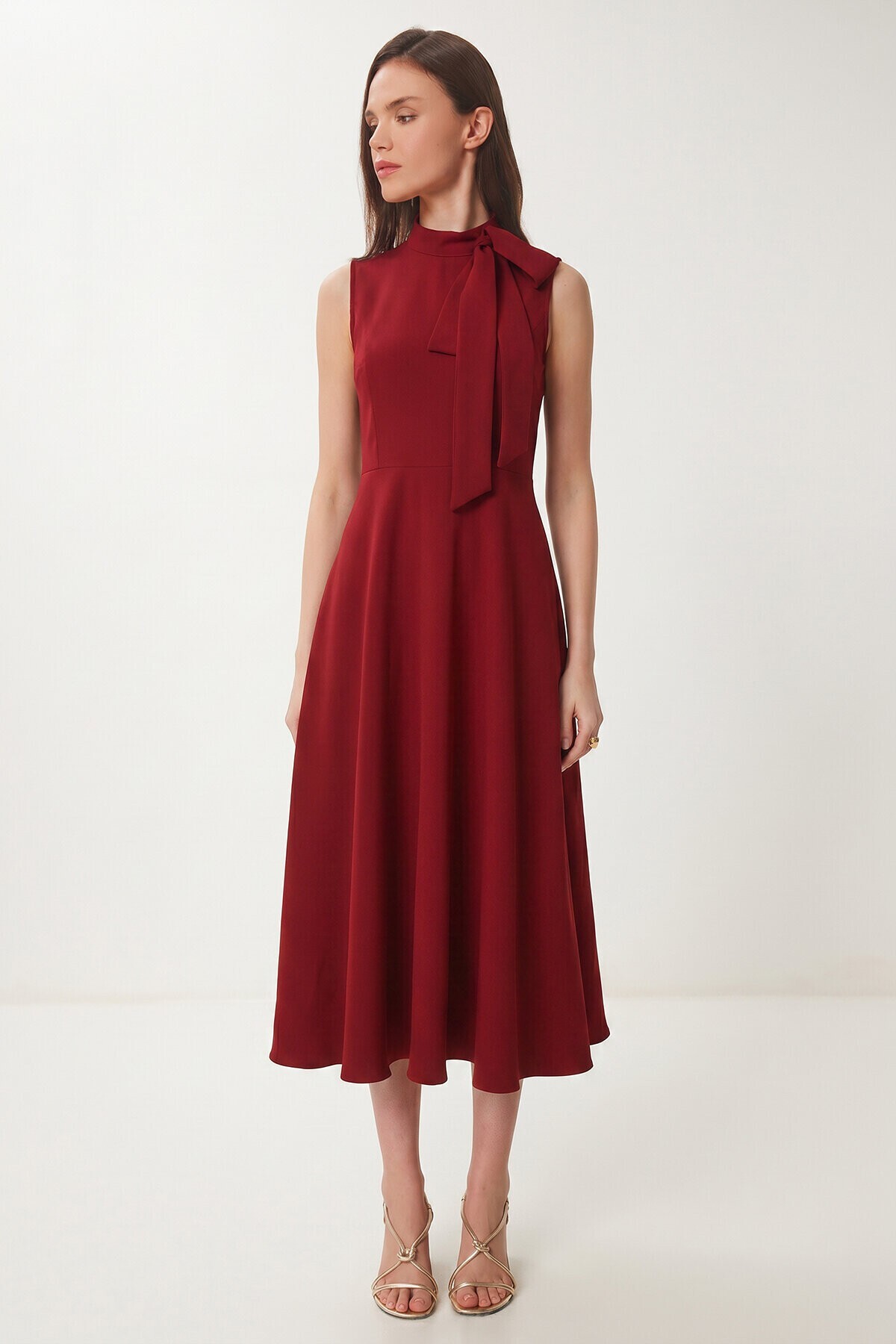 Fular Detaylı Midi Dokuma Elbise BORDO LNT0036