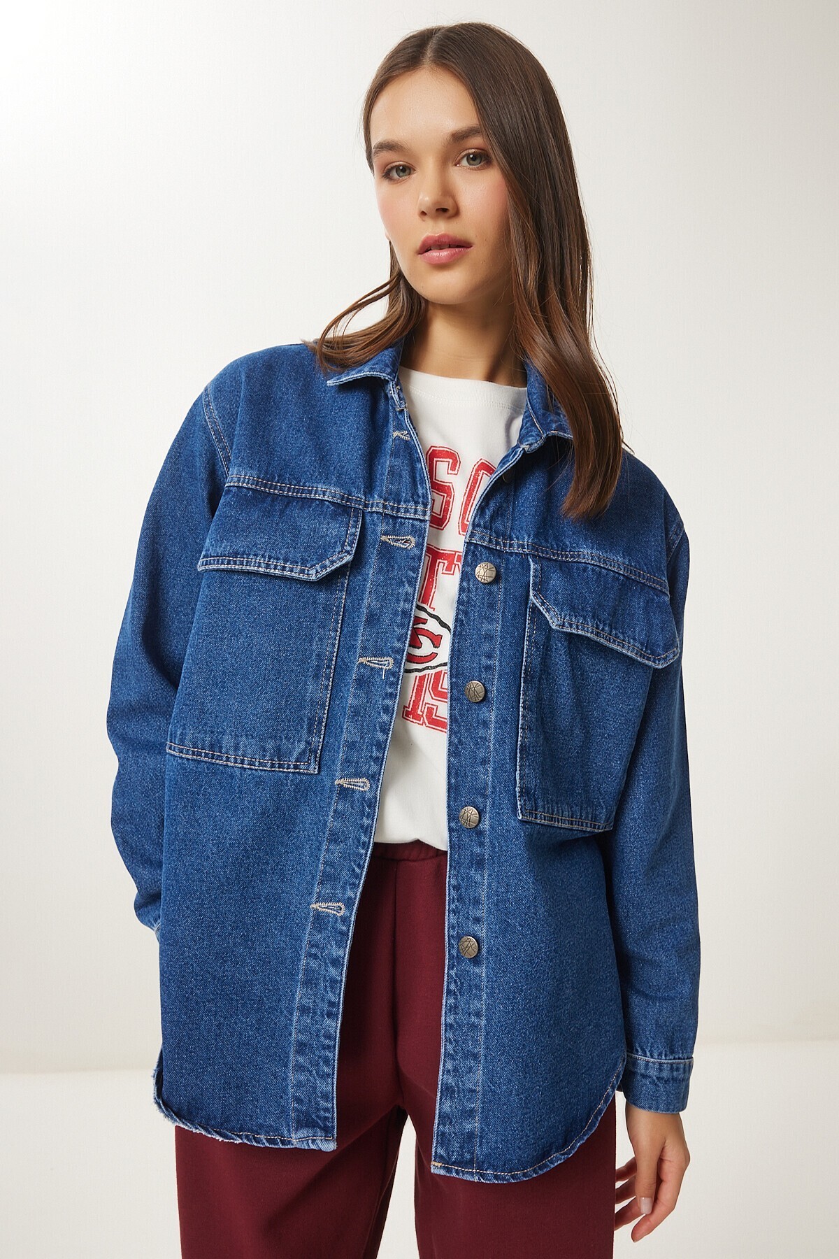 Geniş Cepli Oversize Denim Ceket KOYU MAVİ LAN0031