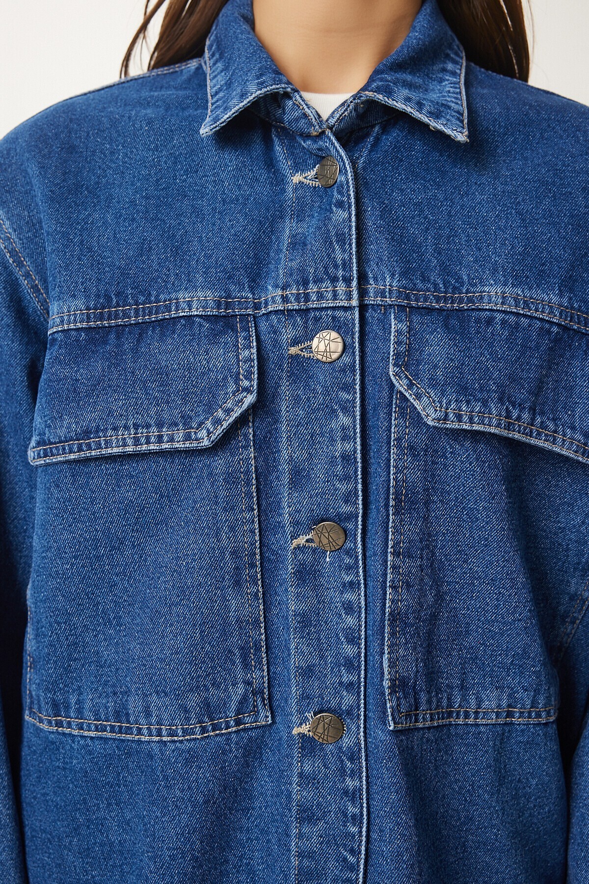 Geniş Cepli Oversize Denim Ceket KOYU MAVİ LAN0031