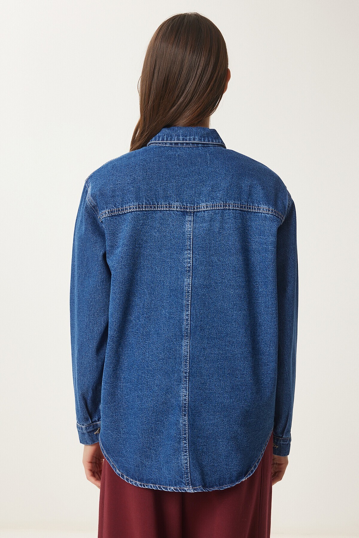 Geniş Cepli Oversize Denim Ceket KOYU MAVİ LAN0031