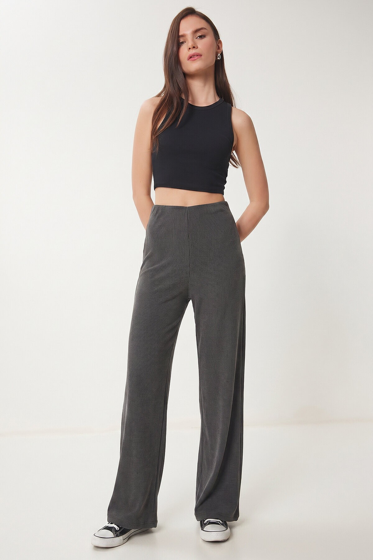 Geniş Paça Fitilli Modal Pantolon ANTRASİT LUB0348