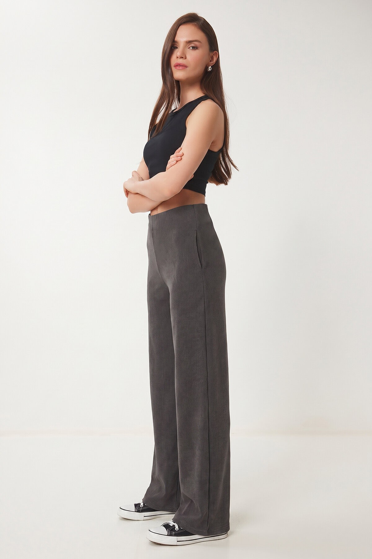 Geniş Paça Fitilli Modal Pantolon ANTRASİT LUB0348