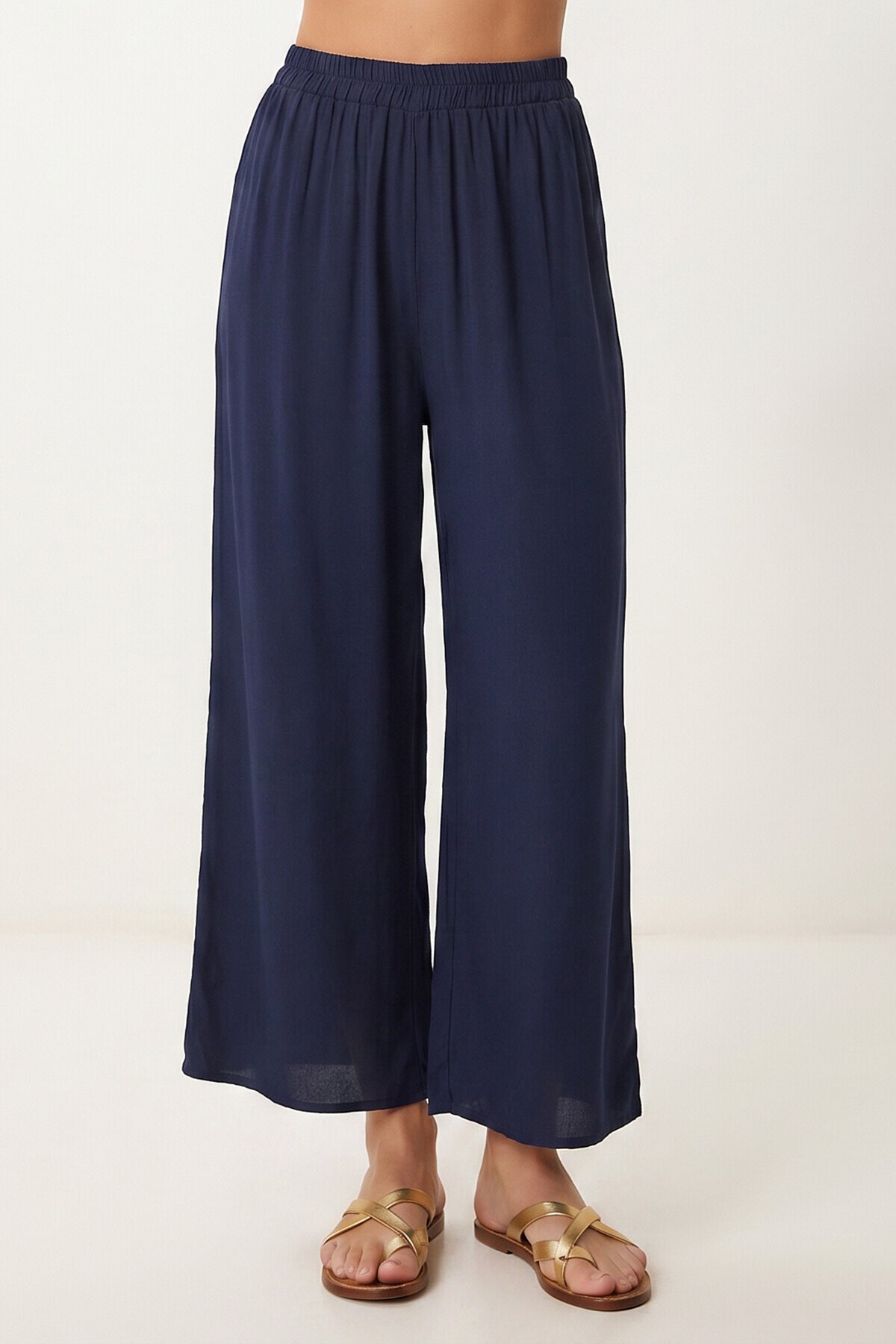 Geniş Paça Yazlık Viskon Pantolon LACİVERT LRN0035