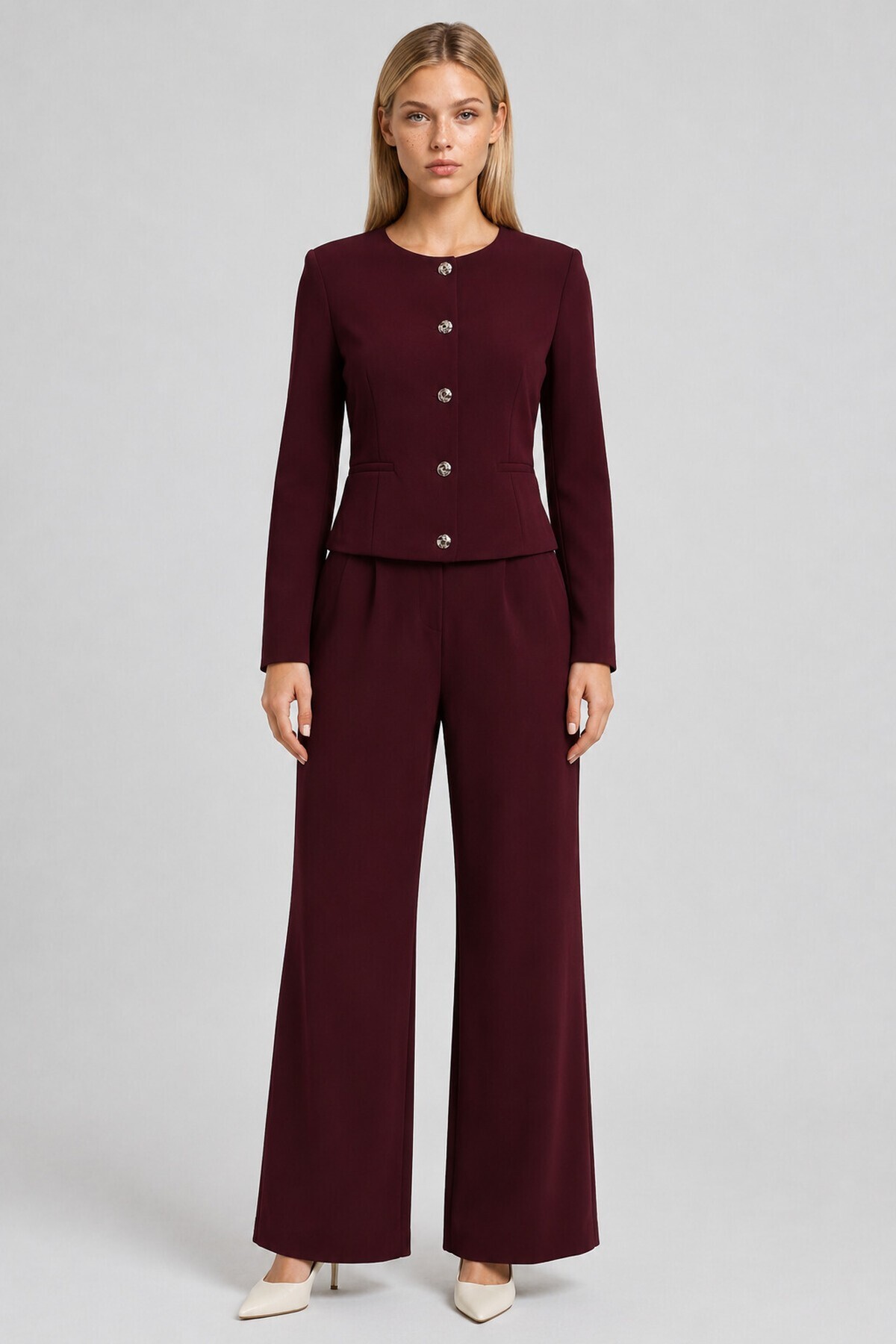 Gold Düğmeli Dokuma Ceket-Pantolon Takım MÜRDÜM LAZ0014