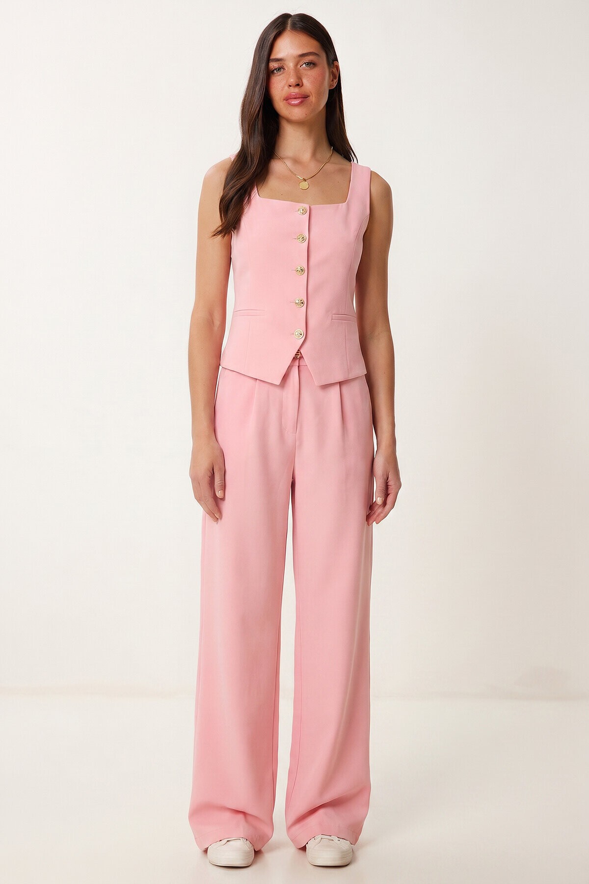 Gold Düğmeli Dokuma Yelek-Pantolon Takım PEMBE LAZ0004