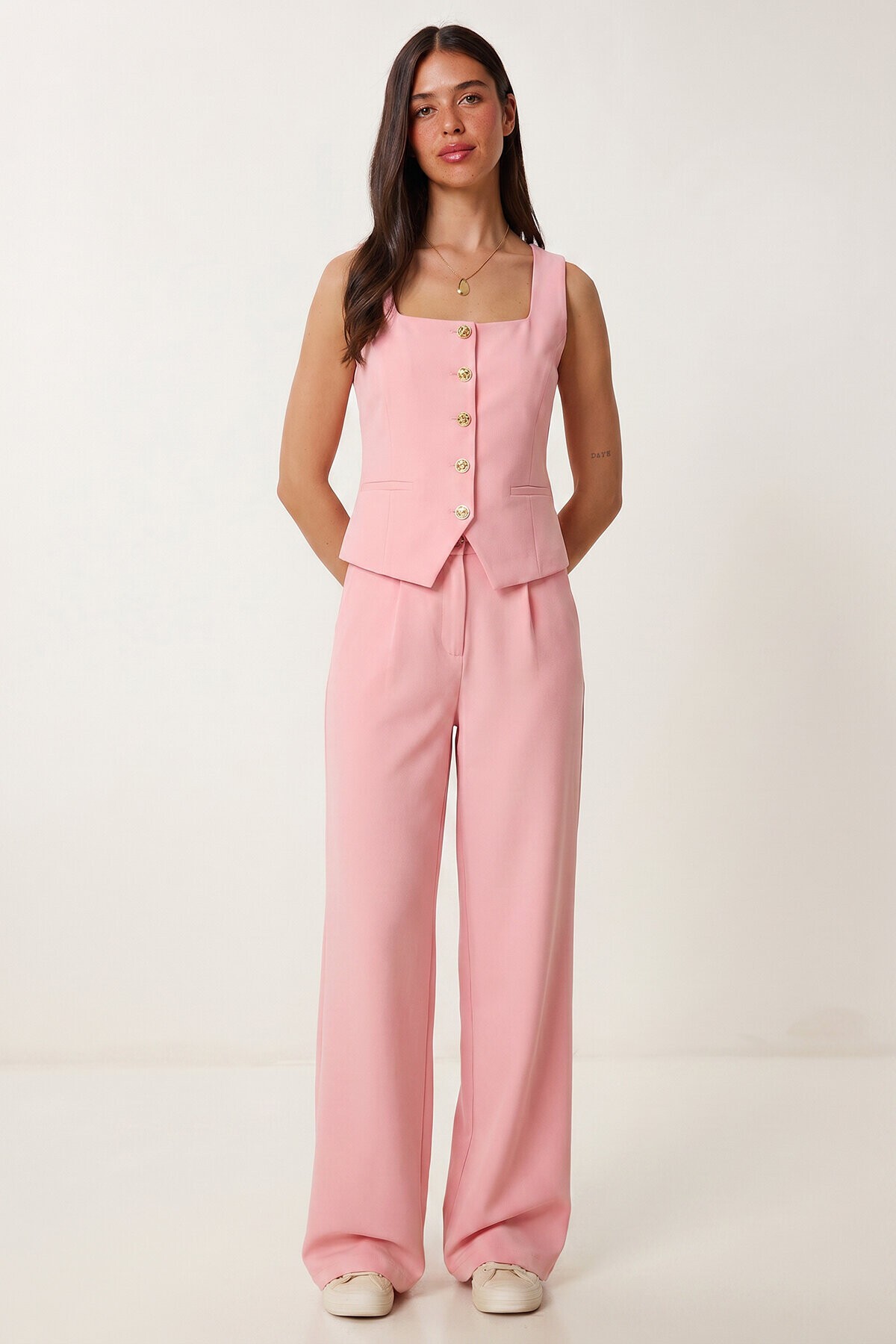 Gold Düğmeli Dokuma Yelek-Pantolon Takım PEMBE LAZ0004