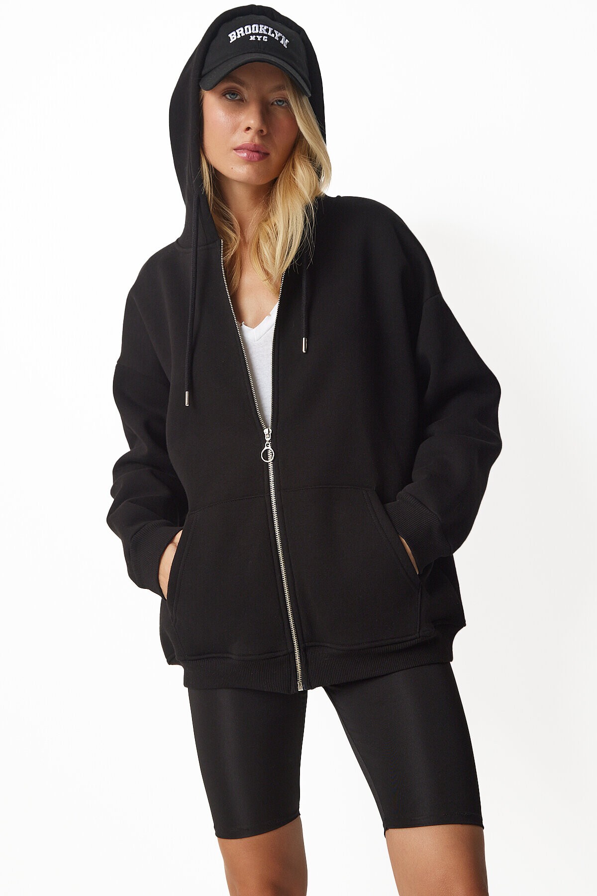 Kapüşonlu Oversize Şardonlu Örme Sweatshirt SİYAH HUB0002