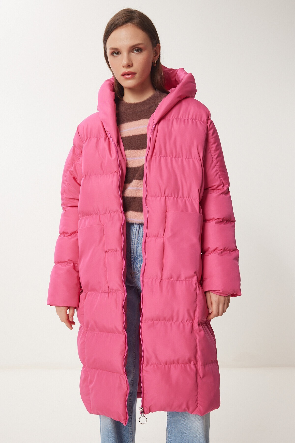 Kapüşonlu Oversize Uzun Şişme Kaban PEMBE LNT0001