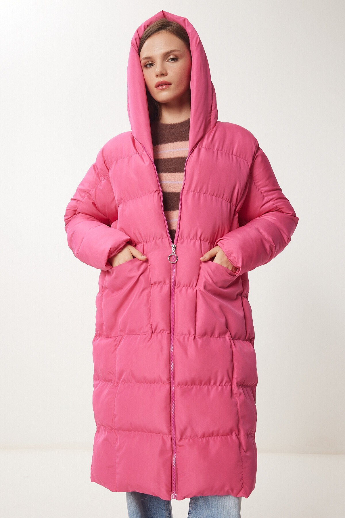 Kapüşonlu Oversize Uzun Şişme Kaban PEMBE LNT0001