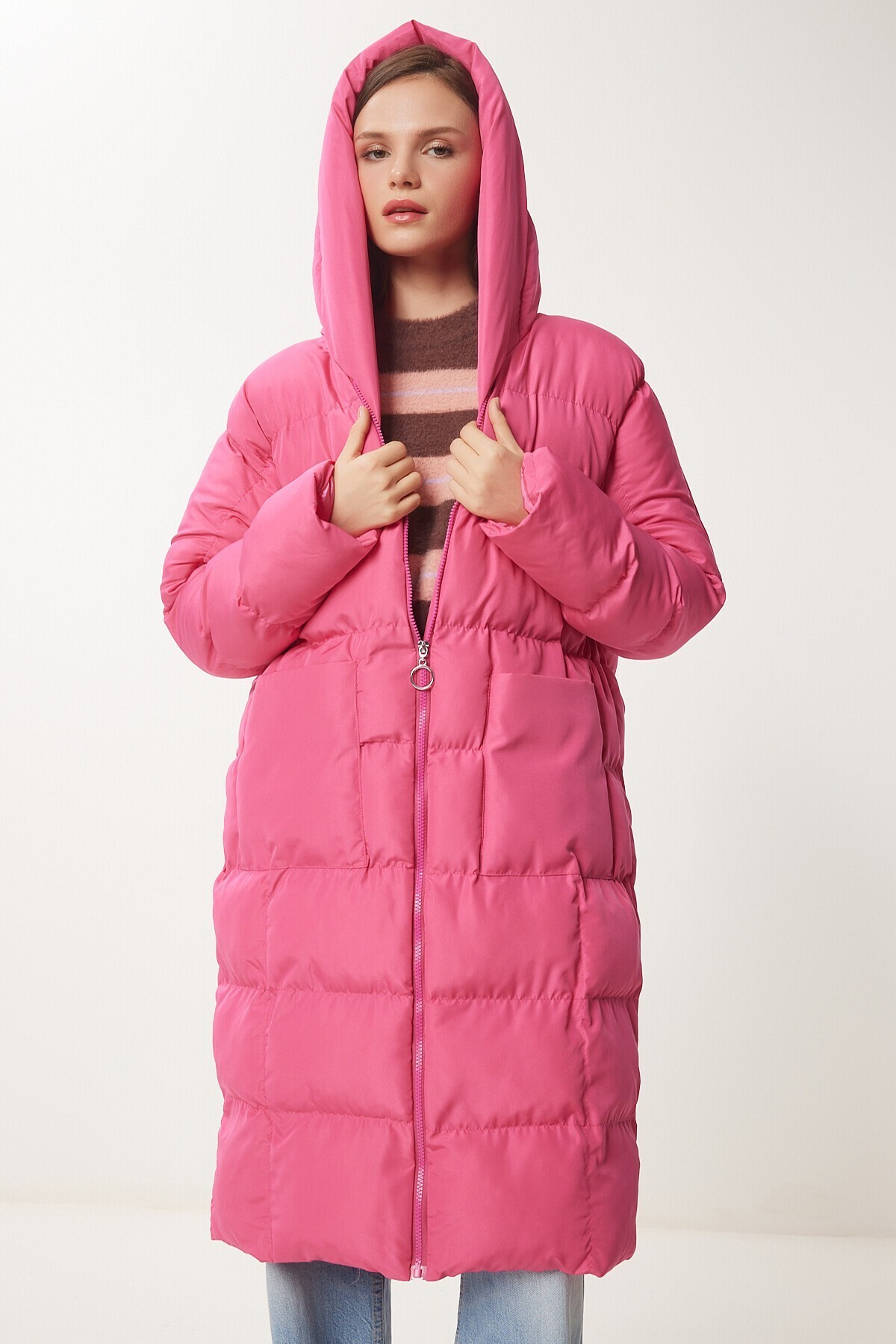 Kapüşonlu Oversize Uzun Şişme Kaban PEMBE LNT0001