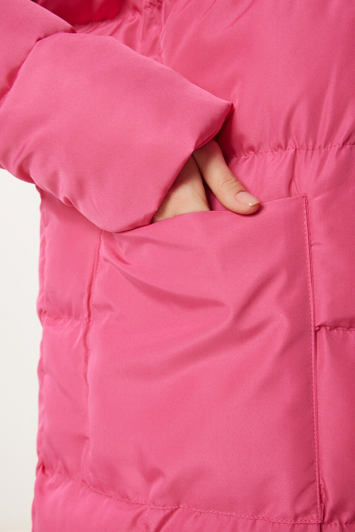 Kapüşonlu Oversize Uzun Şişme Kaban PEMBE LNT0001