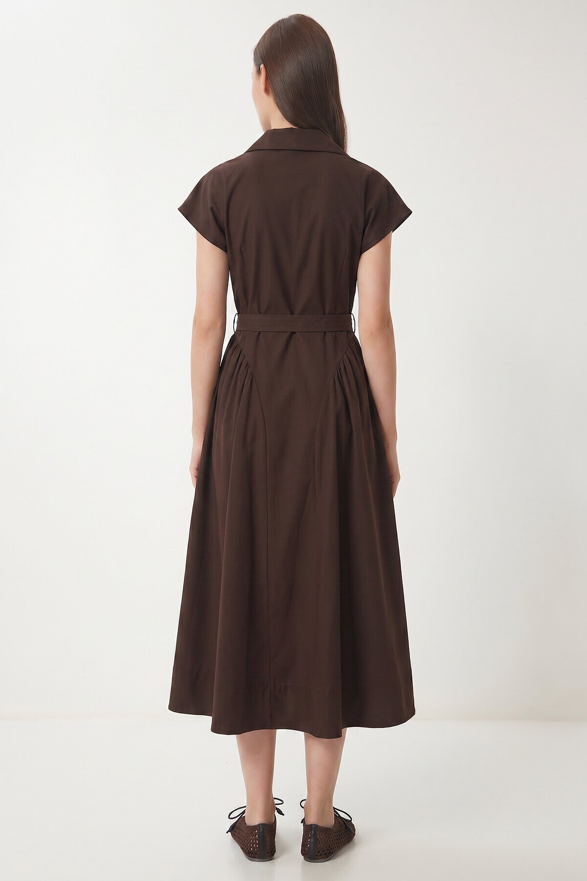 Kemerli Midi Gömlek Elbise KAHVERENGİ LUB0367